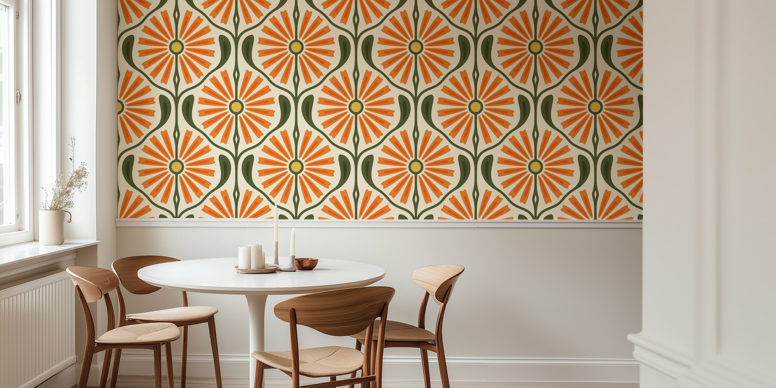 Retro sunburst orange wallpaper in a room