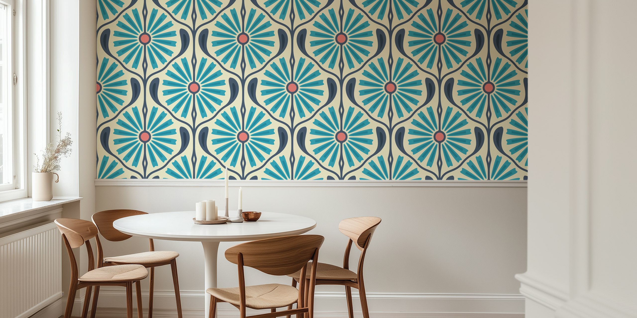Retro Sunburst Charm in Blue wallpaper in a room