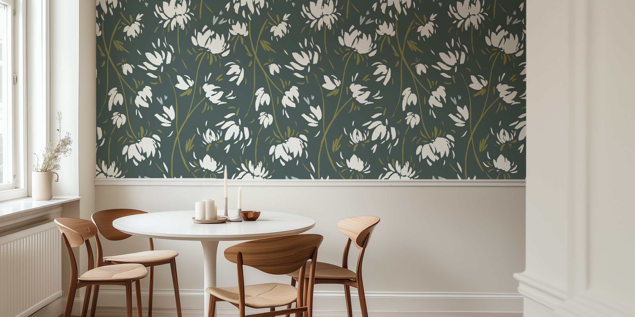 White floral vines on navy background wallpaper