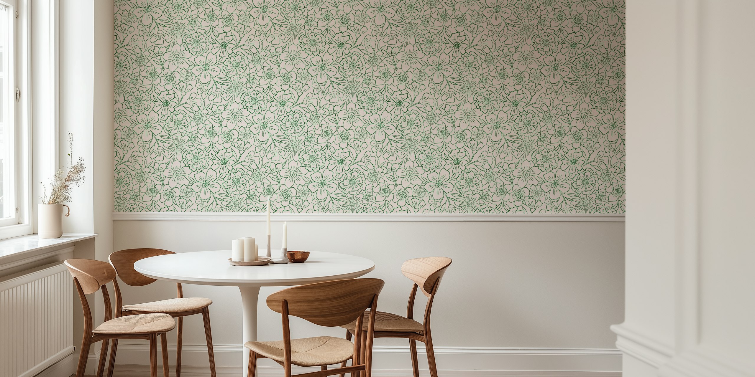 Green floral pattern wallpaper with line art flowers
