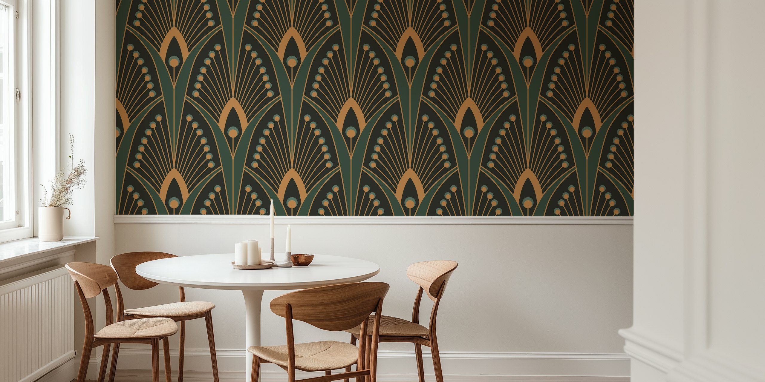 Geometric art deco peacock feathers wallpaper i rummet