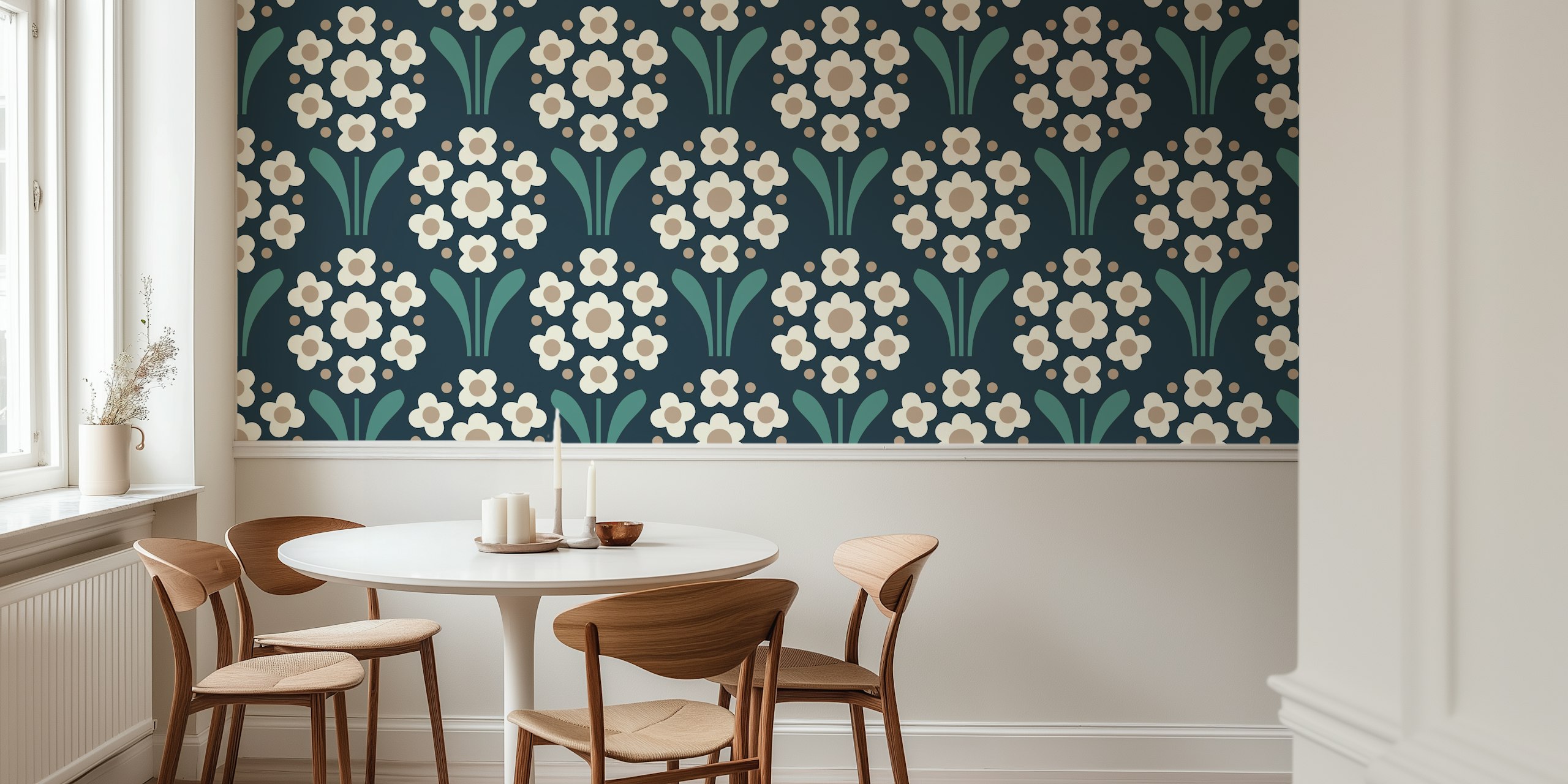 Floral design with green leaves and beige flowers wallpaper