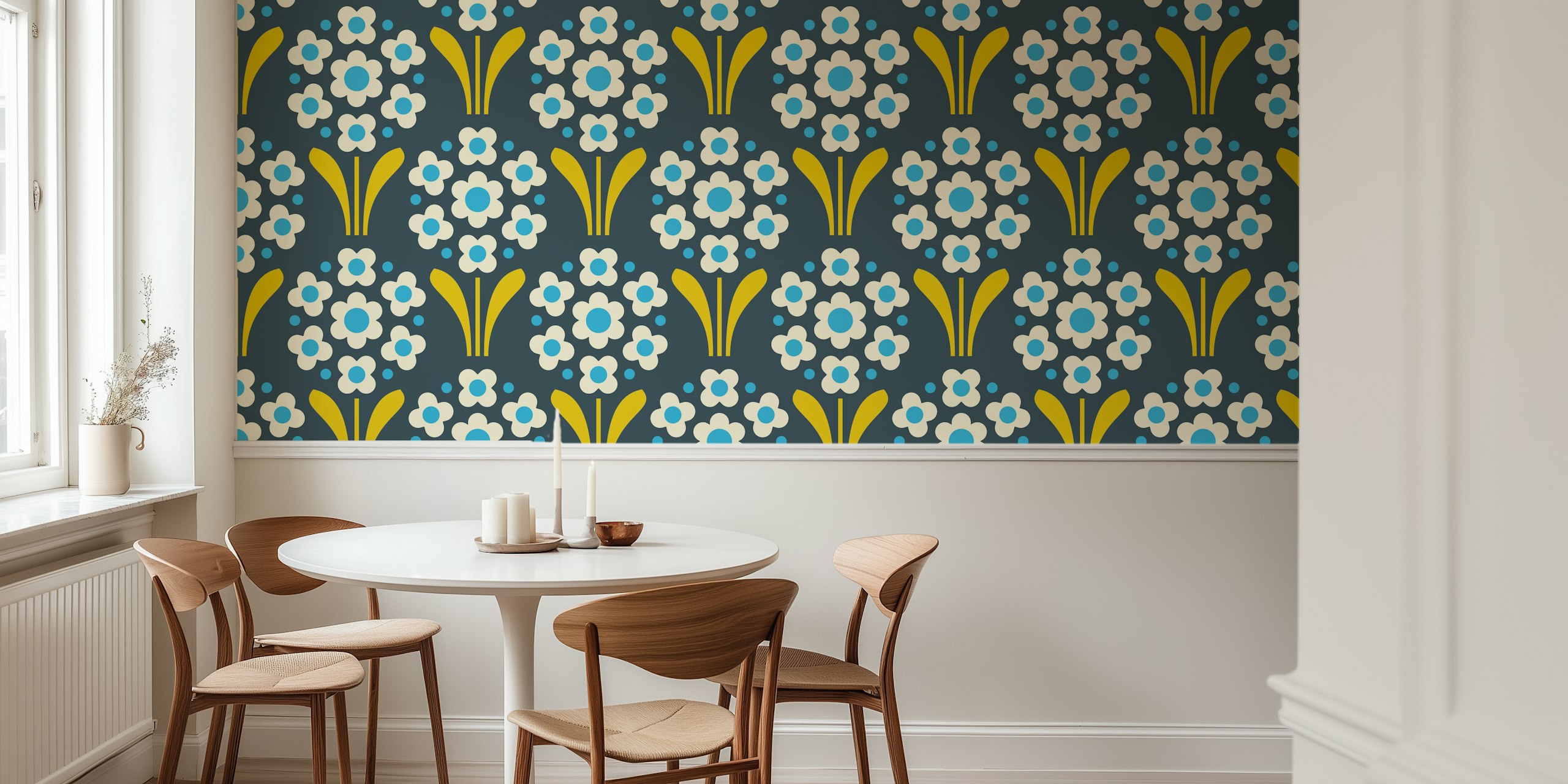 Floral pattern with blue flowers and yellow leaves on dark background wallpaper