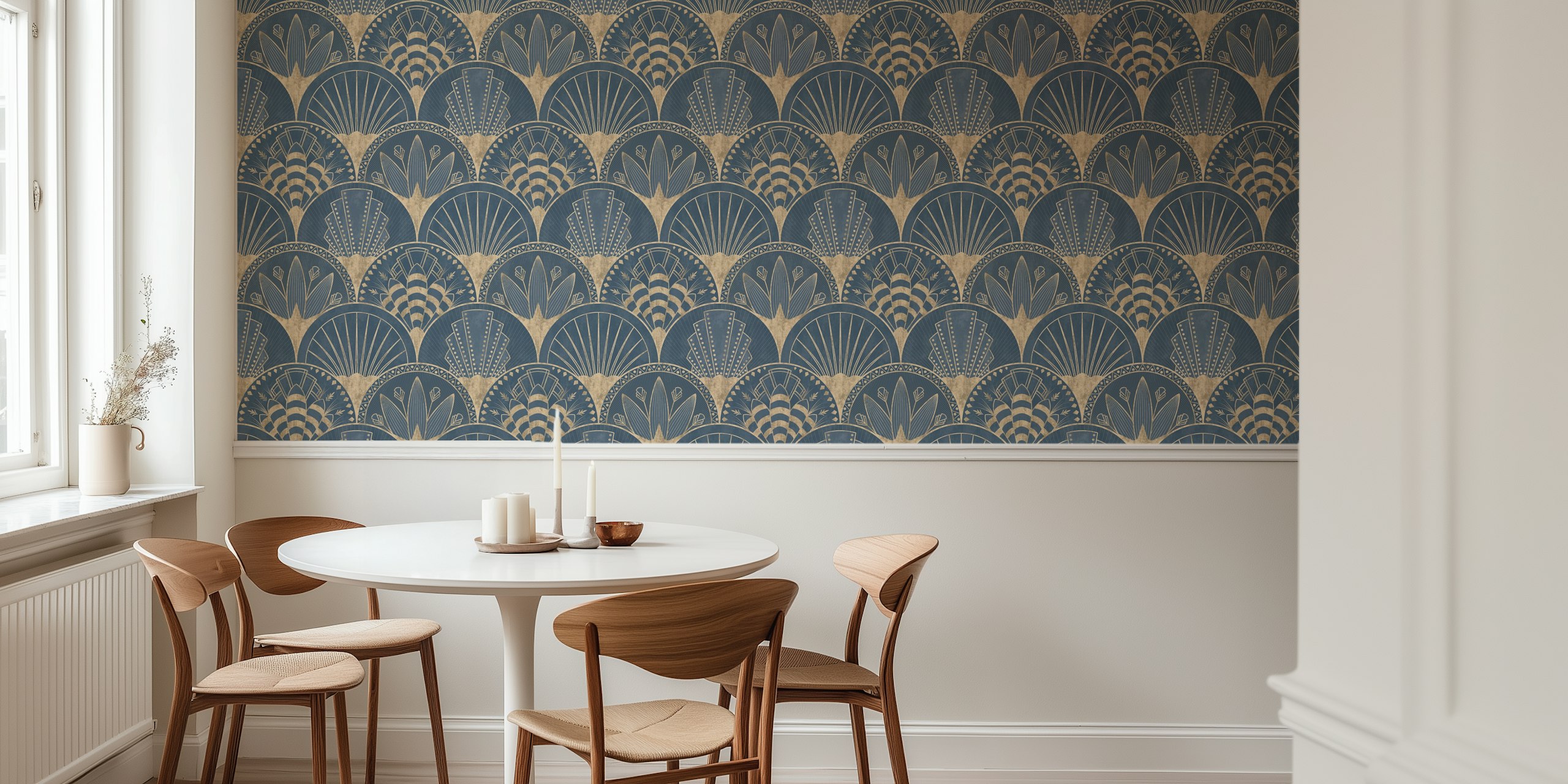 Art Deco blue and gold fan pattern wallpaper