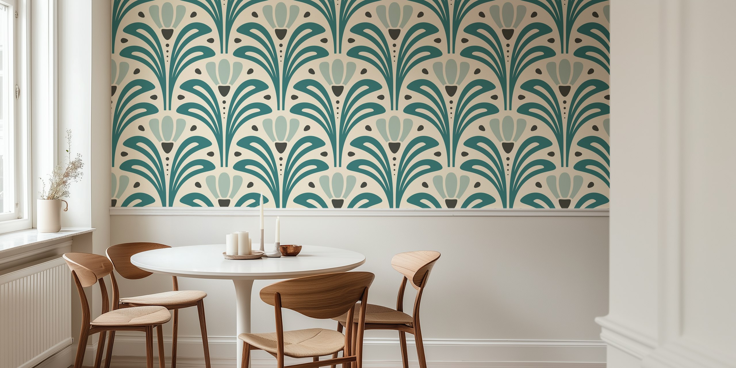 Mid-Century Blossoms in Teal wallpaper in a room
