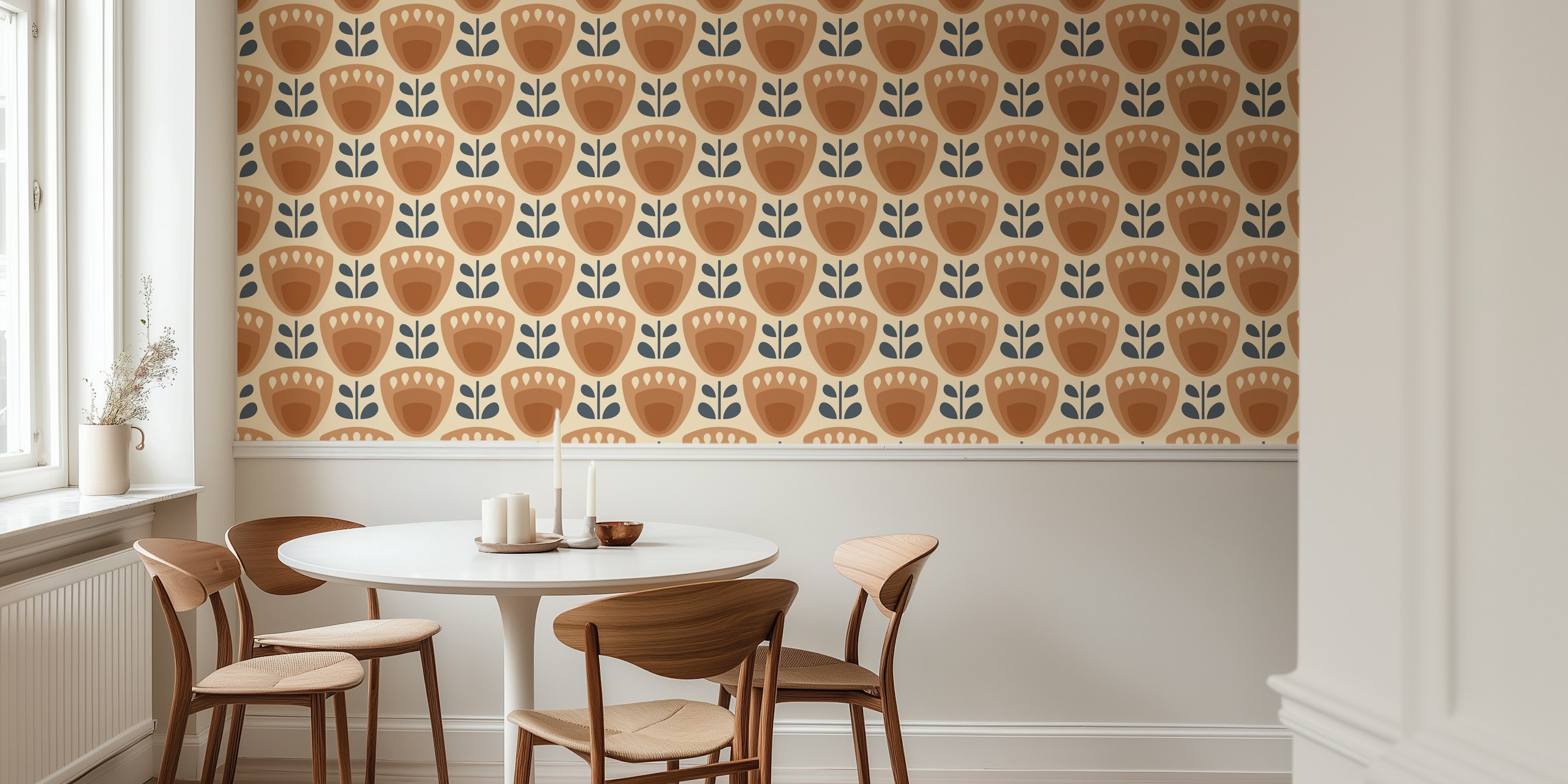 Ταπετσαρία Mid-Century Tulips in Brown σε ένα δωμάτιο