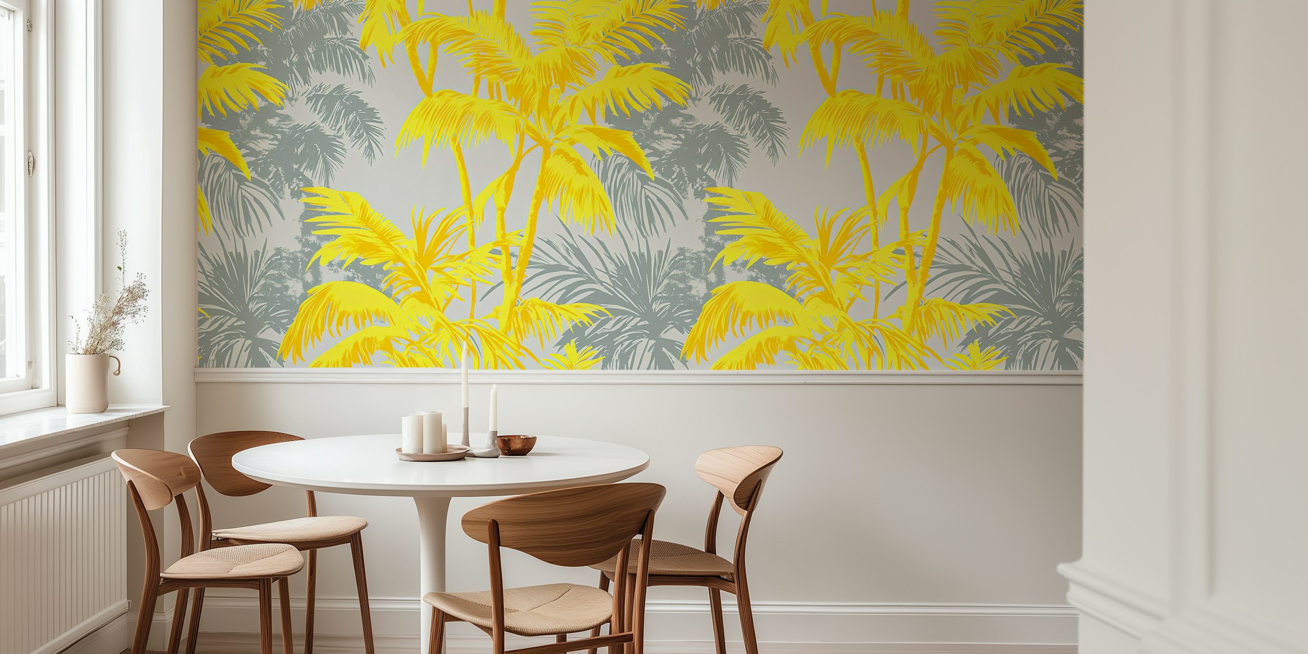 Tropical yellow and grey tapetti huoneessa