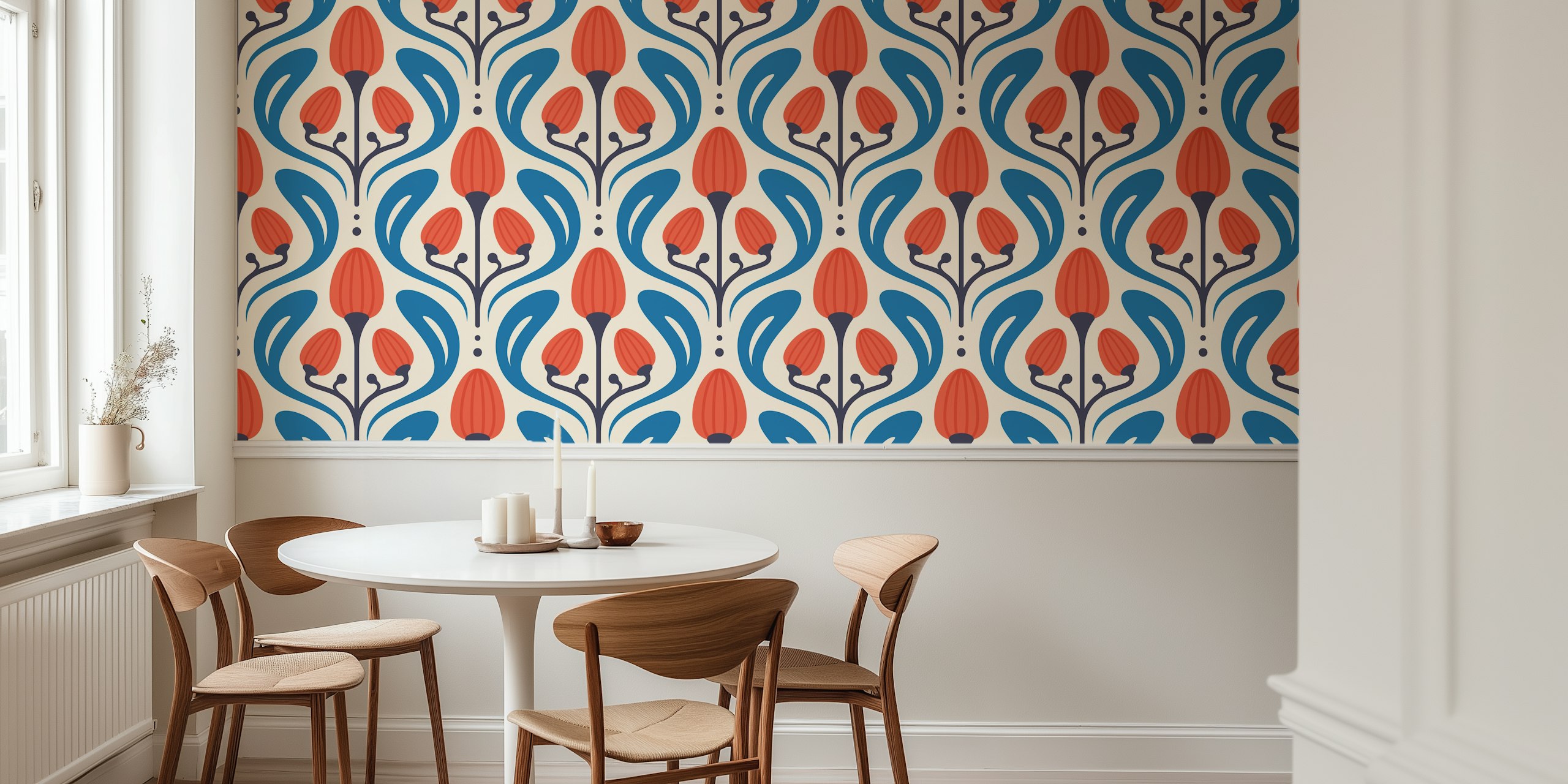 Floral motif with red flowers and blue leaves wallpaper