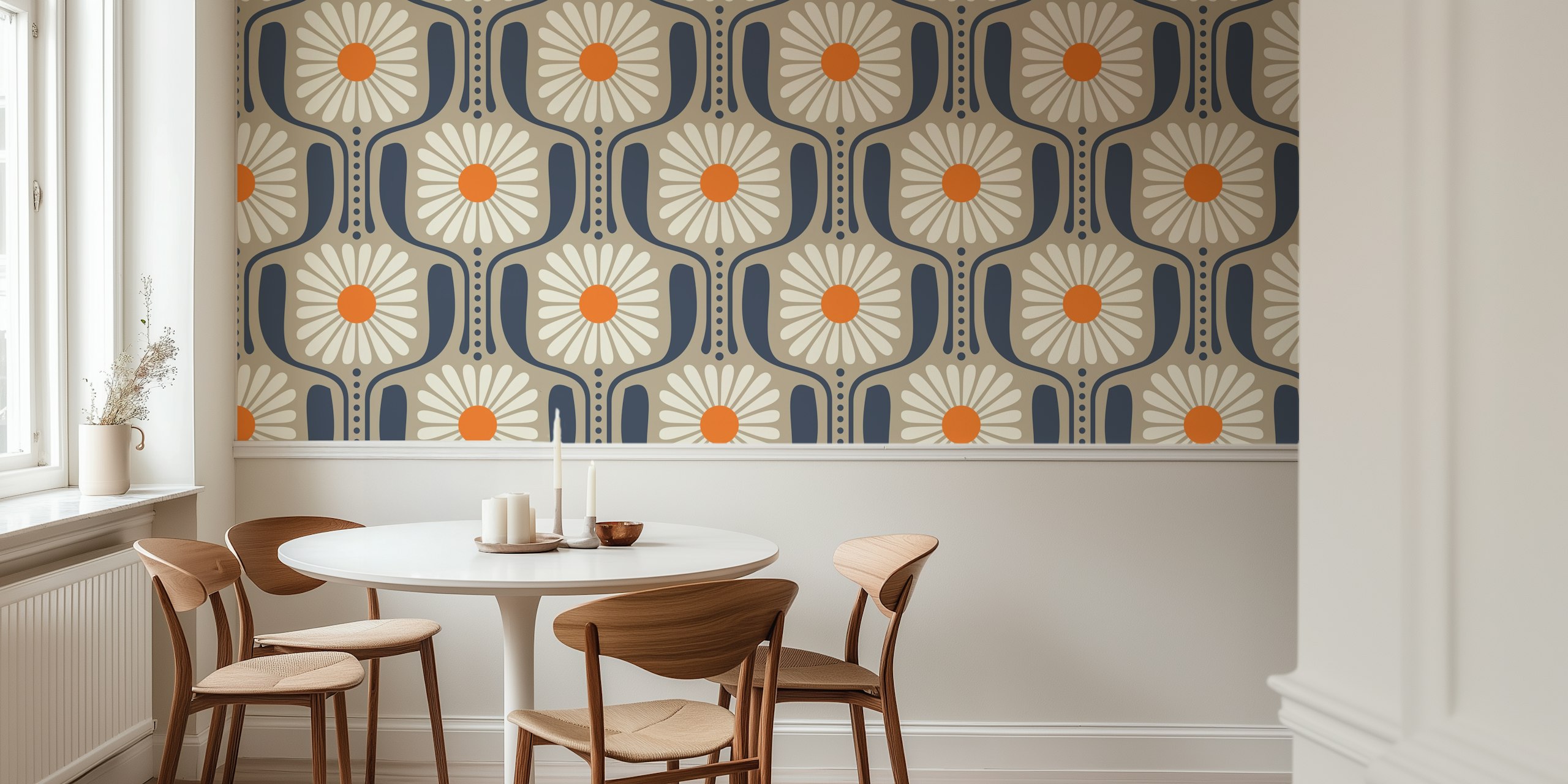 Beige wallpaper featuring large white daisies with orange centers, retro floral design