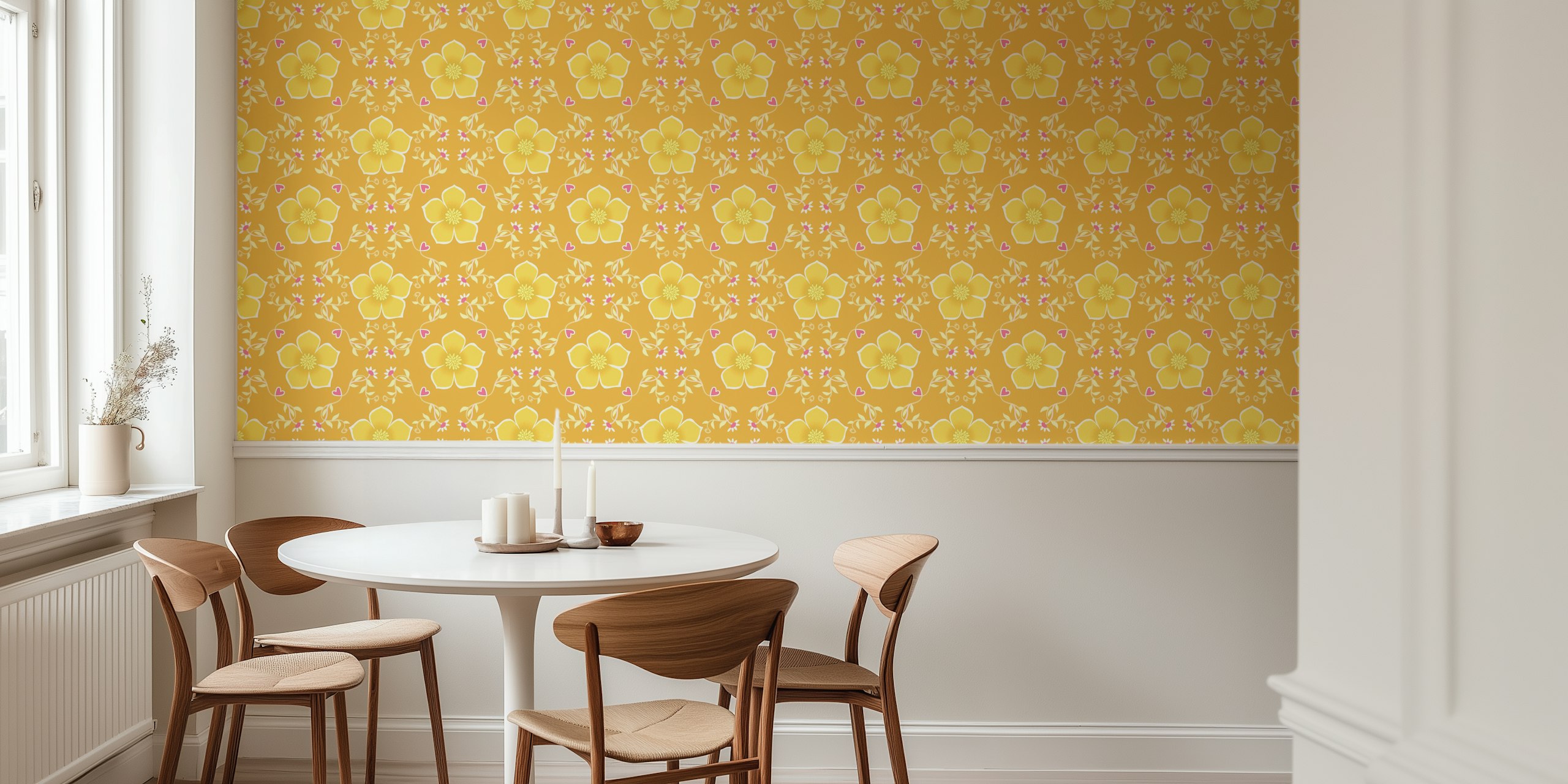 Yellow floral wall mural with heart motifs and green vines wallpaper