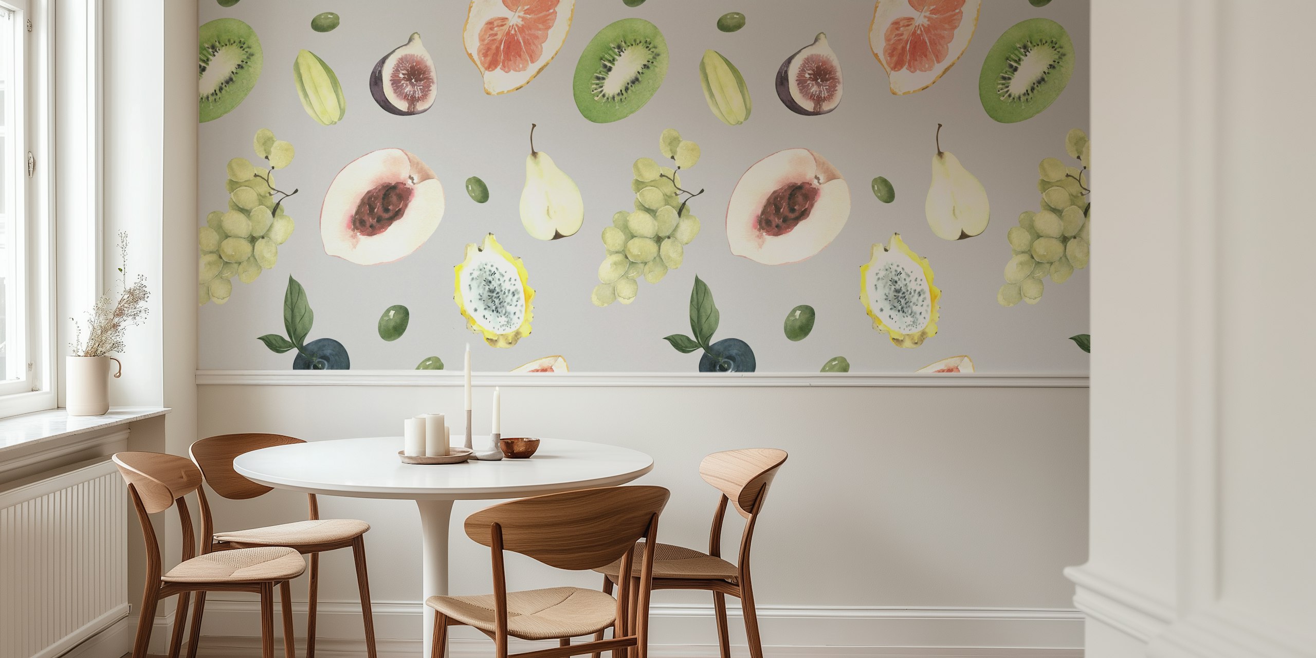 Botanical fruit wallpaper with kiwi, pear, and grapes in pastel colors