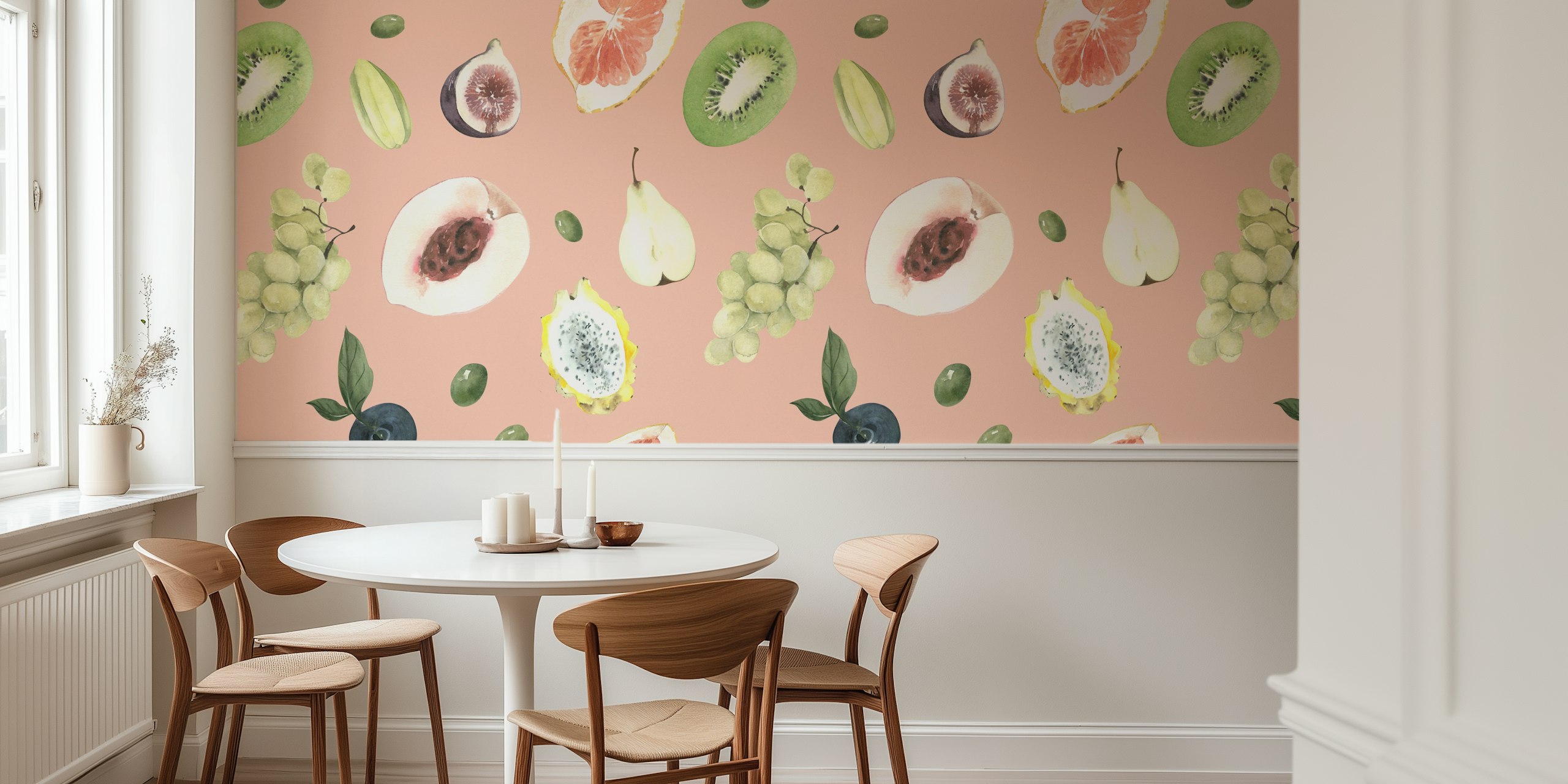 Colorful fruit illustrations on pink background wallpaper