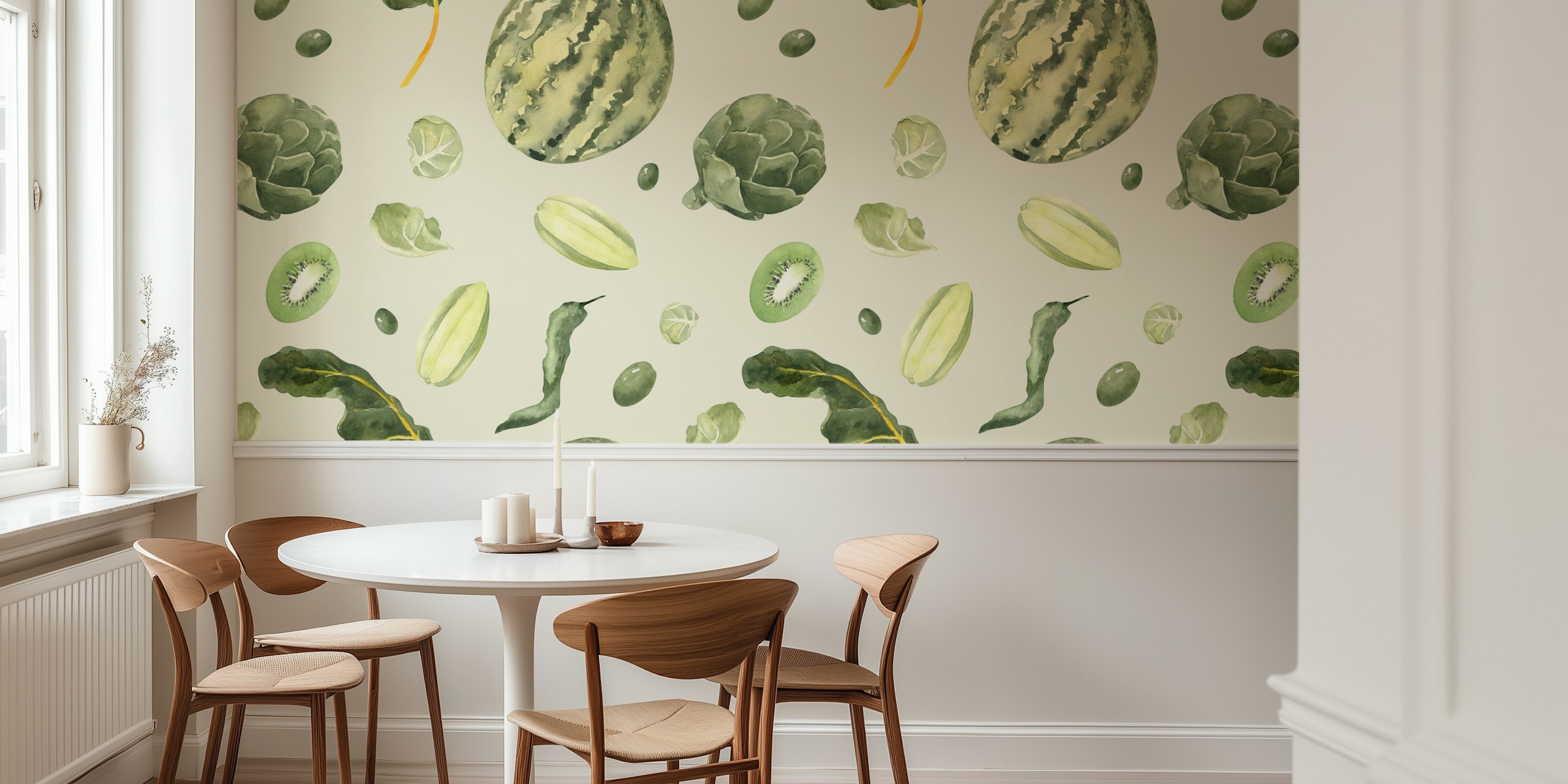 Colorful green tropical fruits and veggies pattern wallpaper