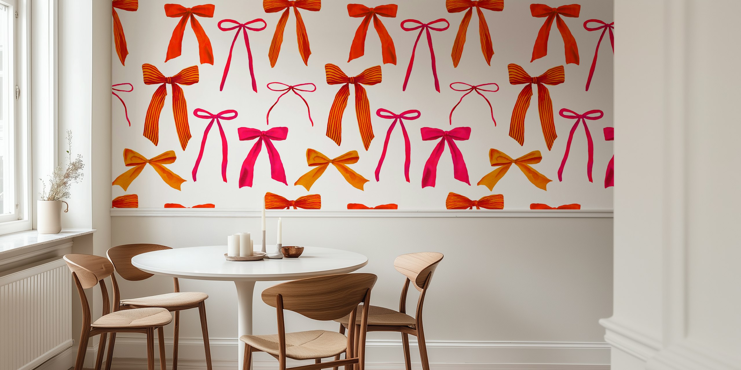 Colorful watercolor bow patterns in pink, orange, and yellow wallpaper