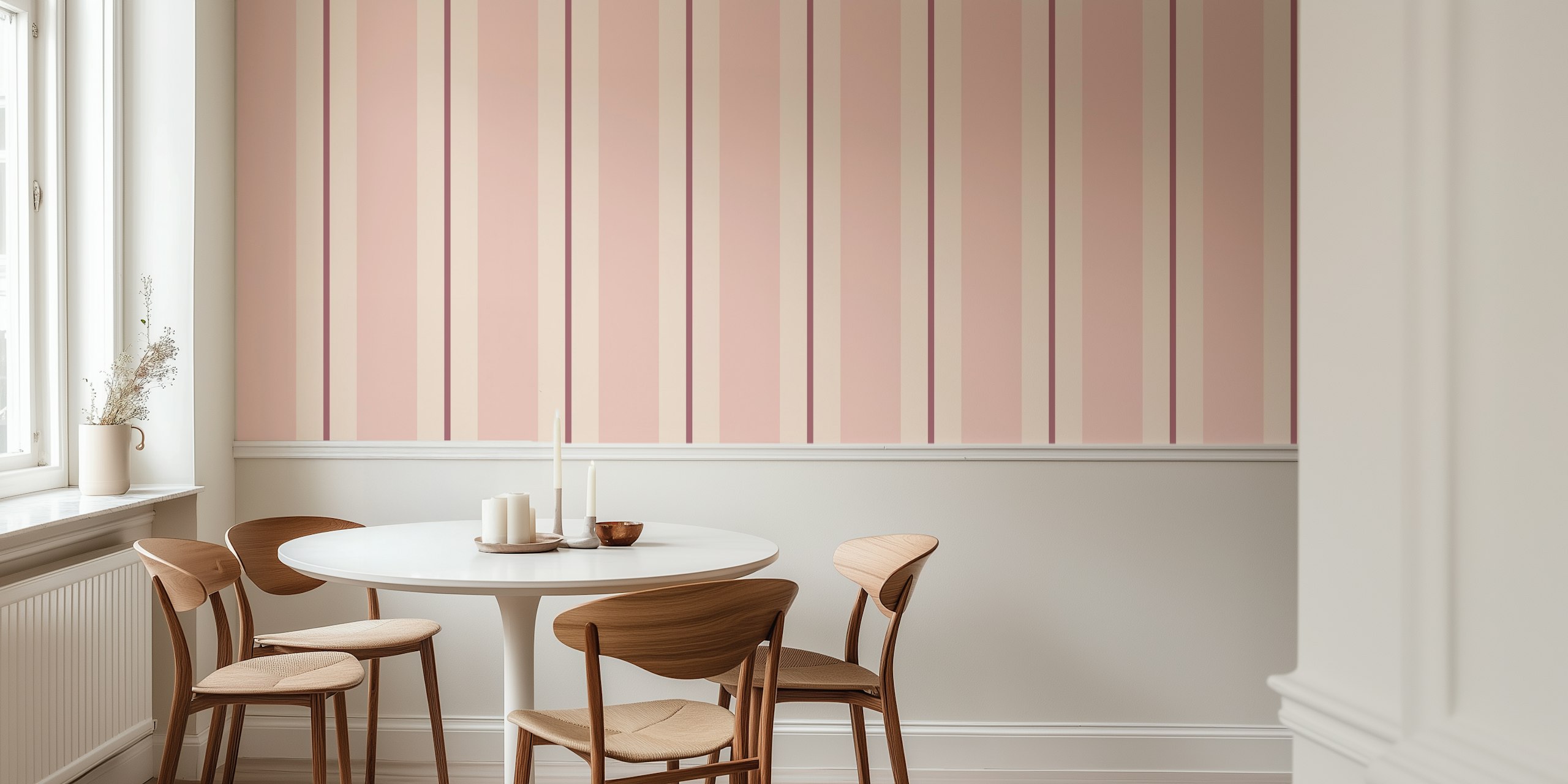 Pastel pink cabana stripes wallpaper in a room