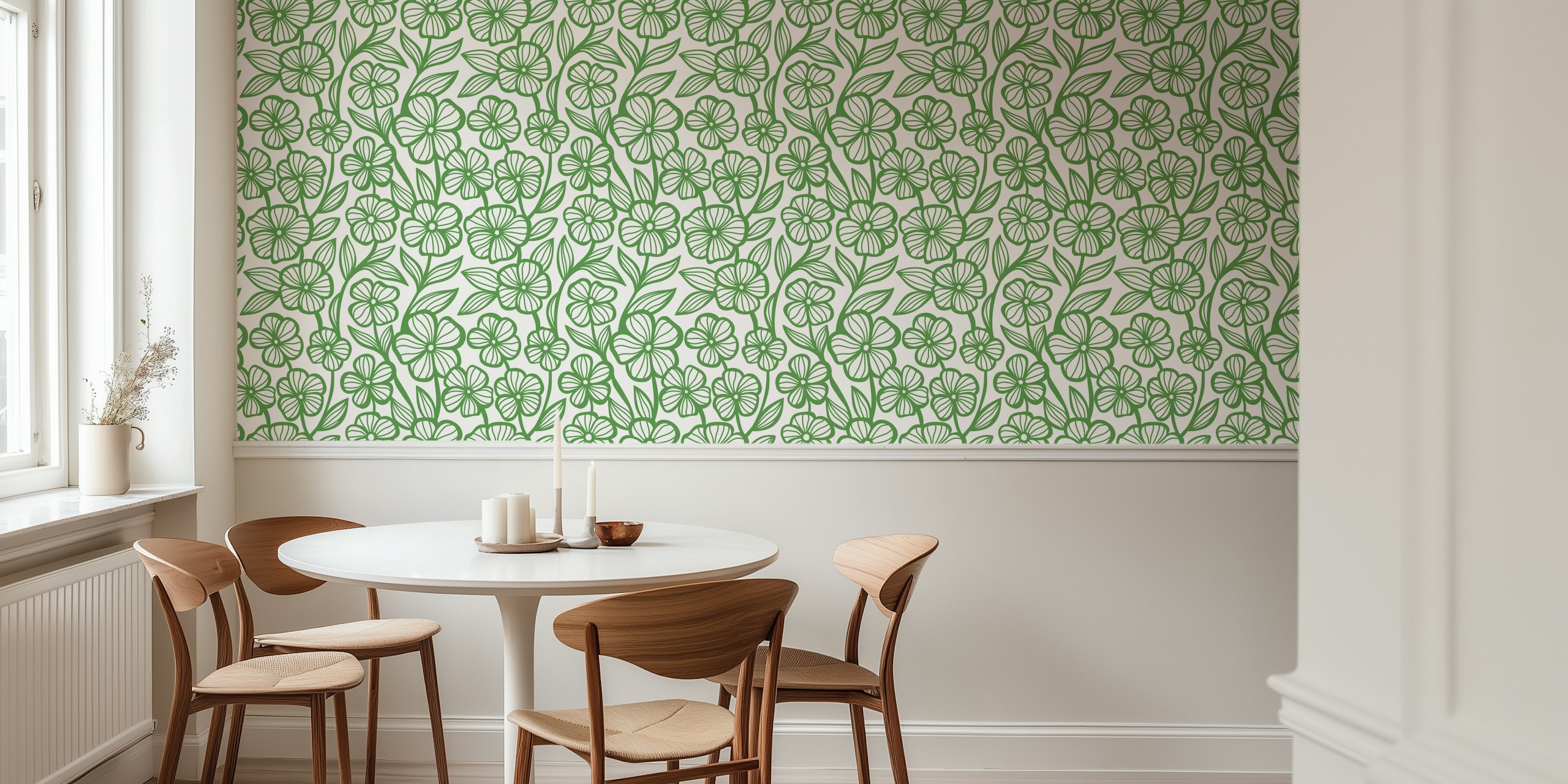 Green floral design with intricate lines and leaves wallpaper