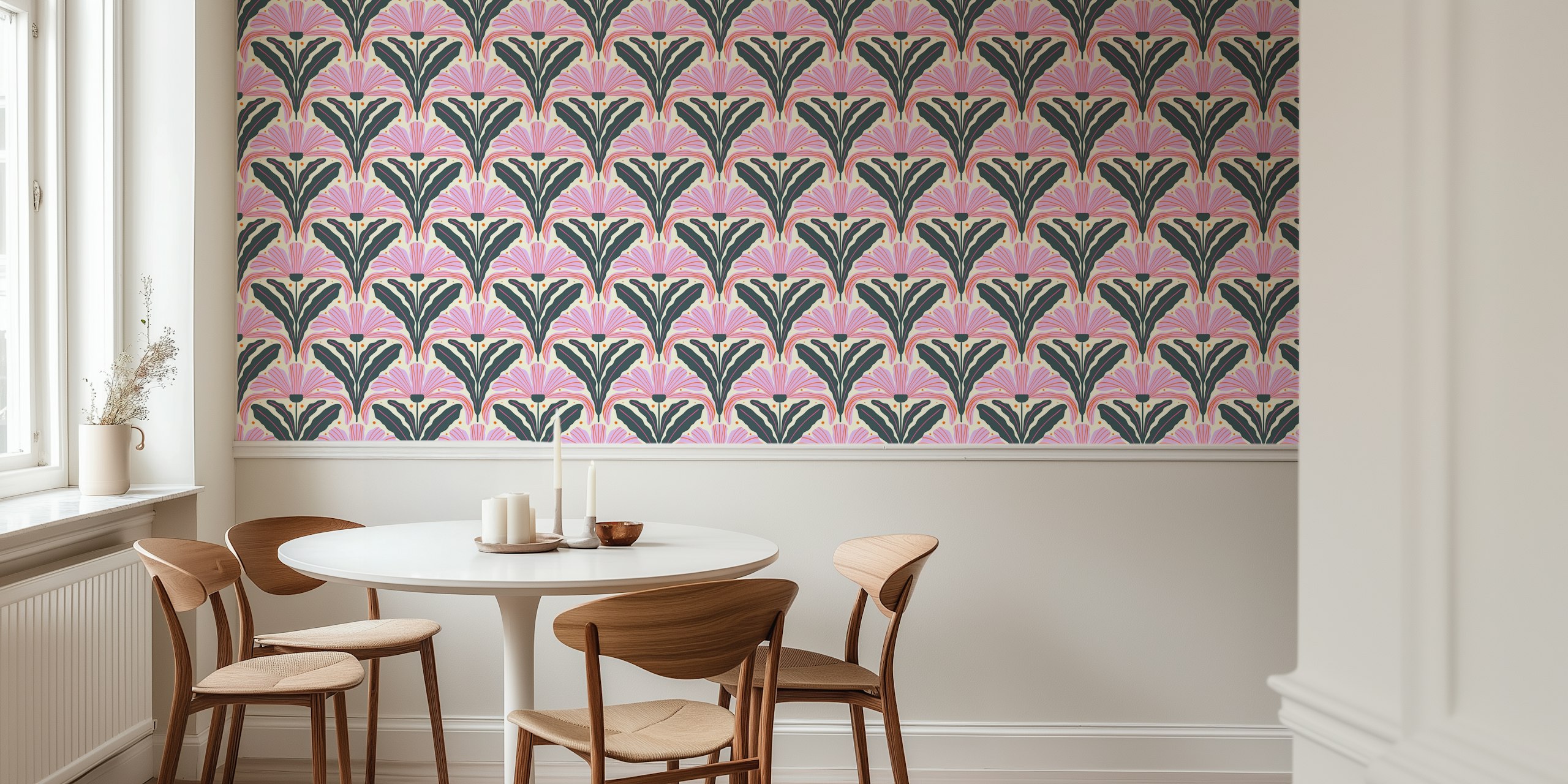 Pink floral pattern with green leaves and black accents wallpaper
