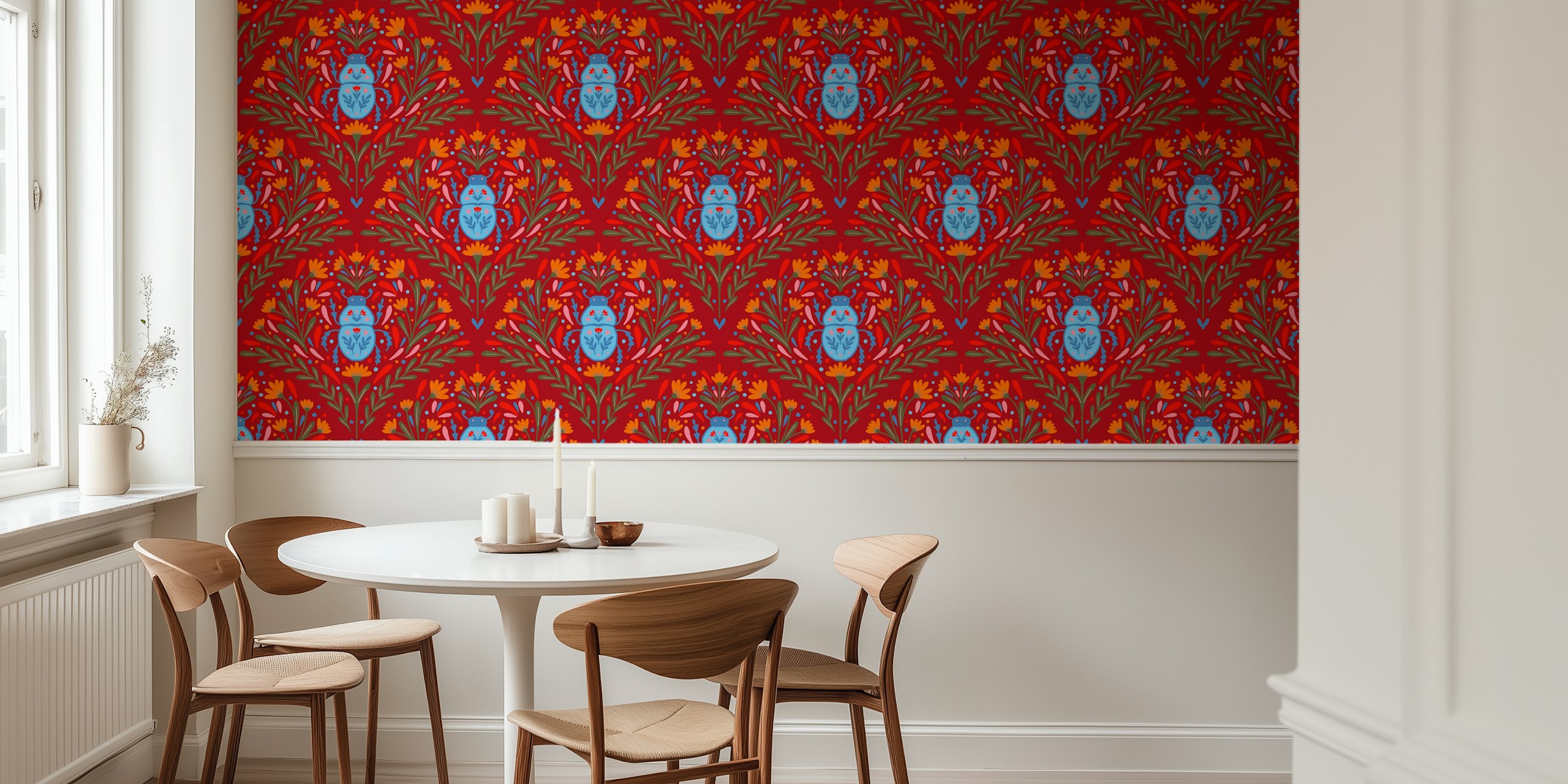 Red floral wallpaper with blue bugs and colorful flowers