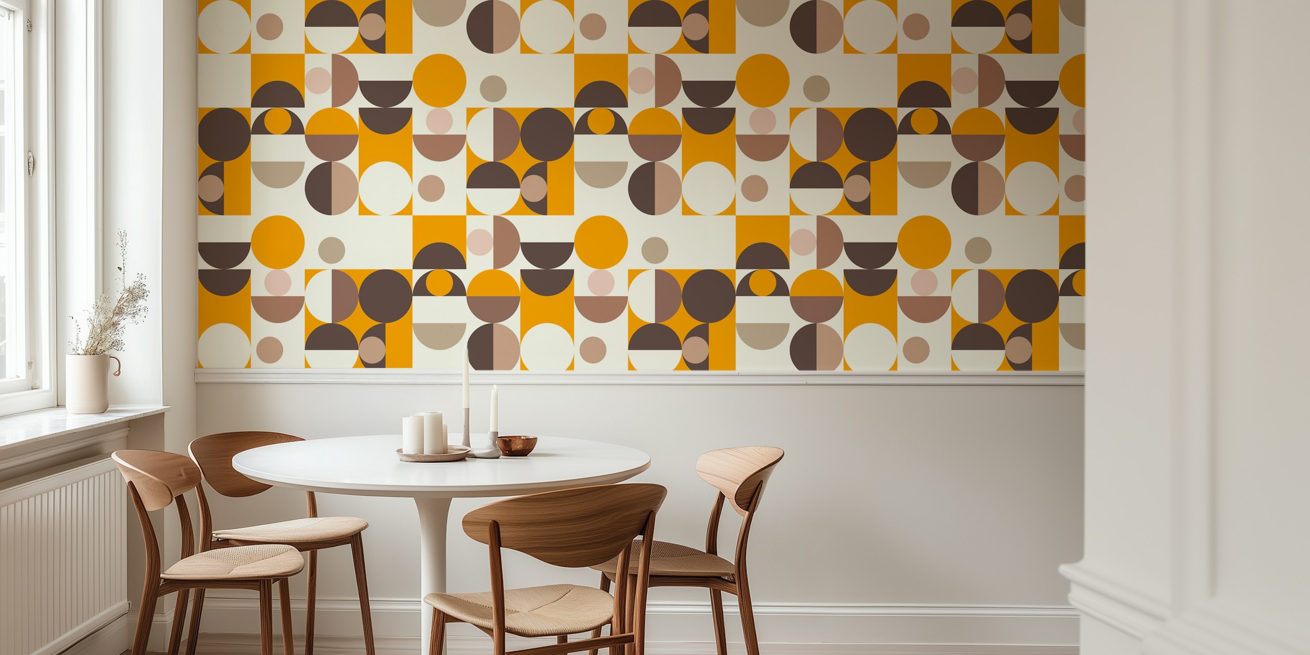 Geometric circle patterns in earthy tones orange, brown, beige wallpaper