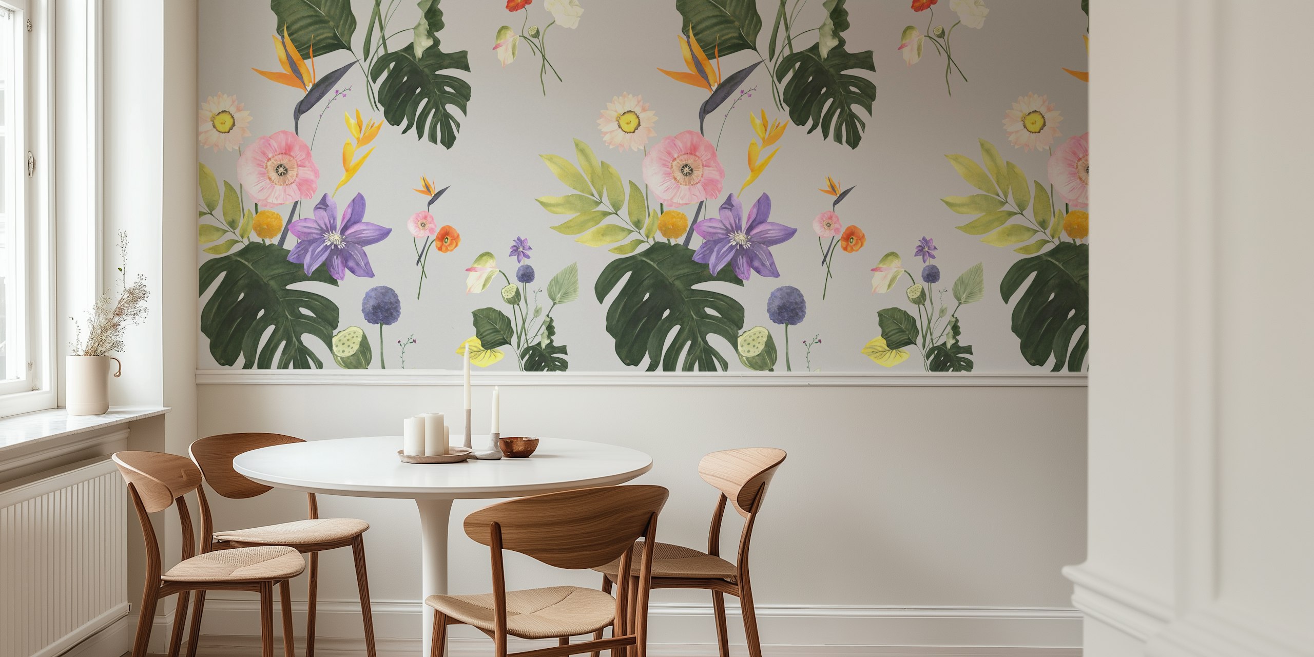 Exotic jungle flowers wallpaper in a room
