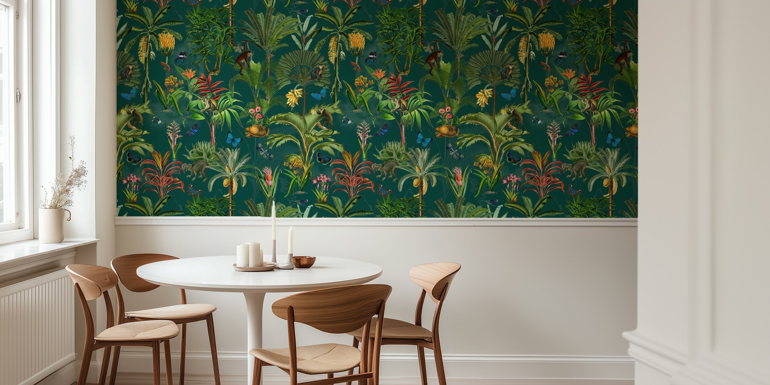 Rainforest flora wallpaper with monkeys