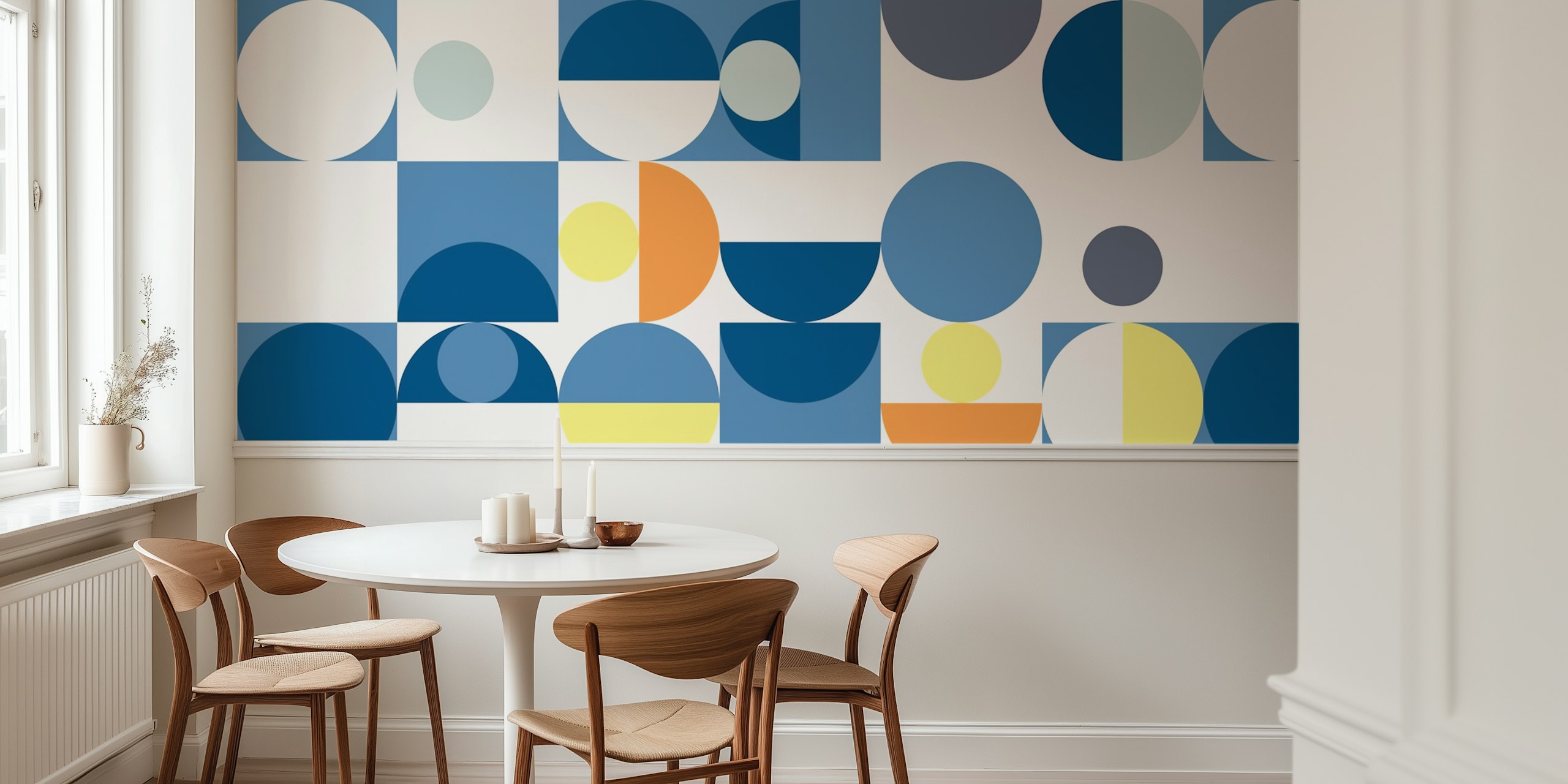 Papel de parede Bauhaus Mid-Century Serene Navy em um cômodo