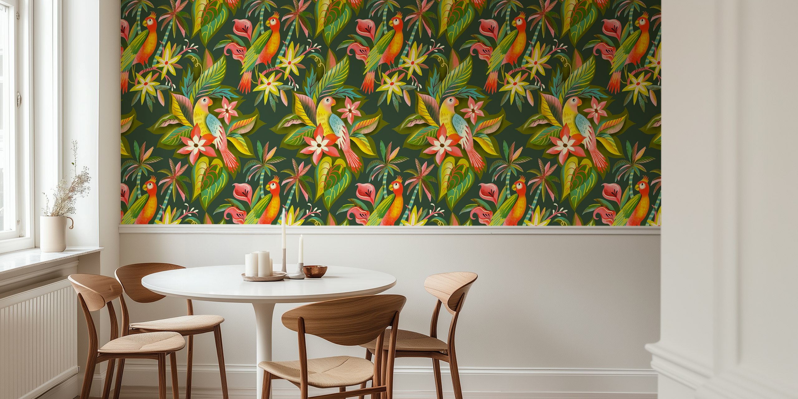 Colorful tropical parrots, flowers, green leaves wallpaper