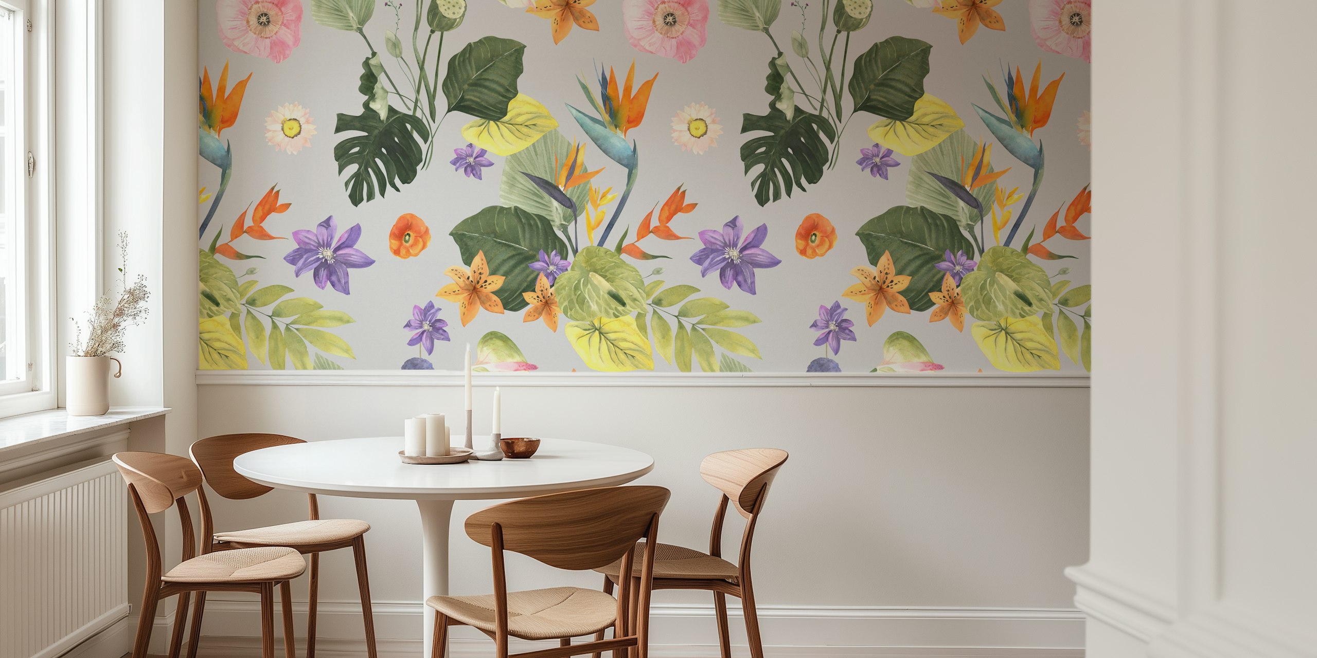 Colorful floral patterns with tropical leaves and flowers wallpaper