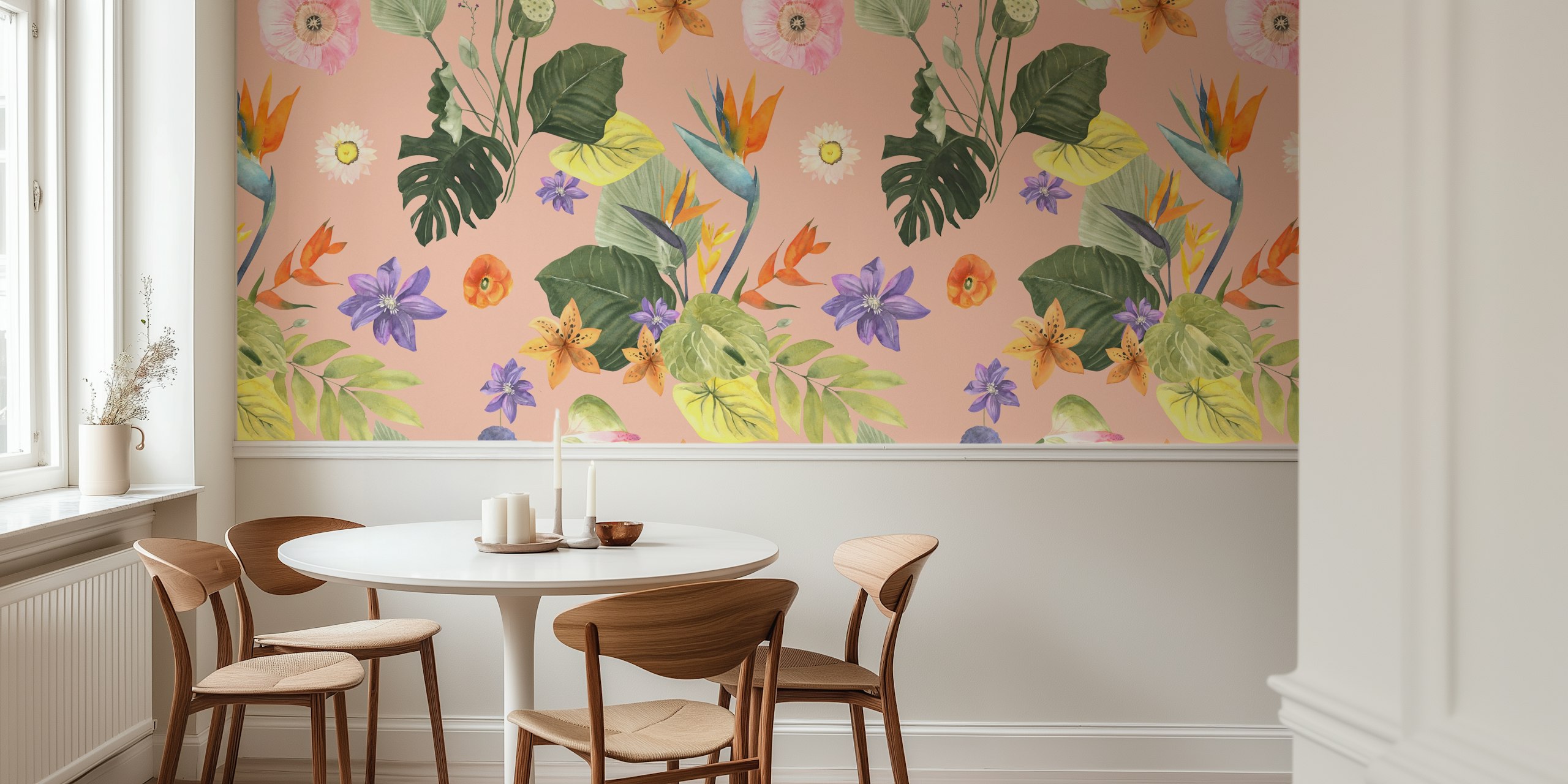 Tropical flowers and leaves pattern in vibrant colors wallpaper