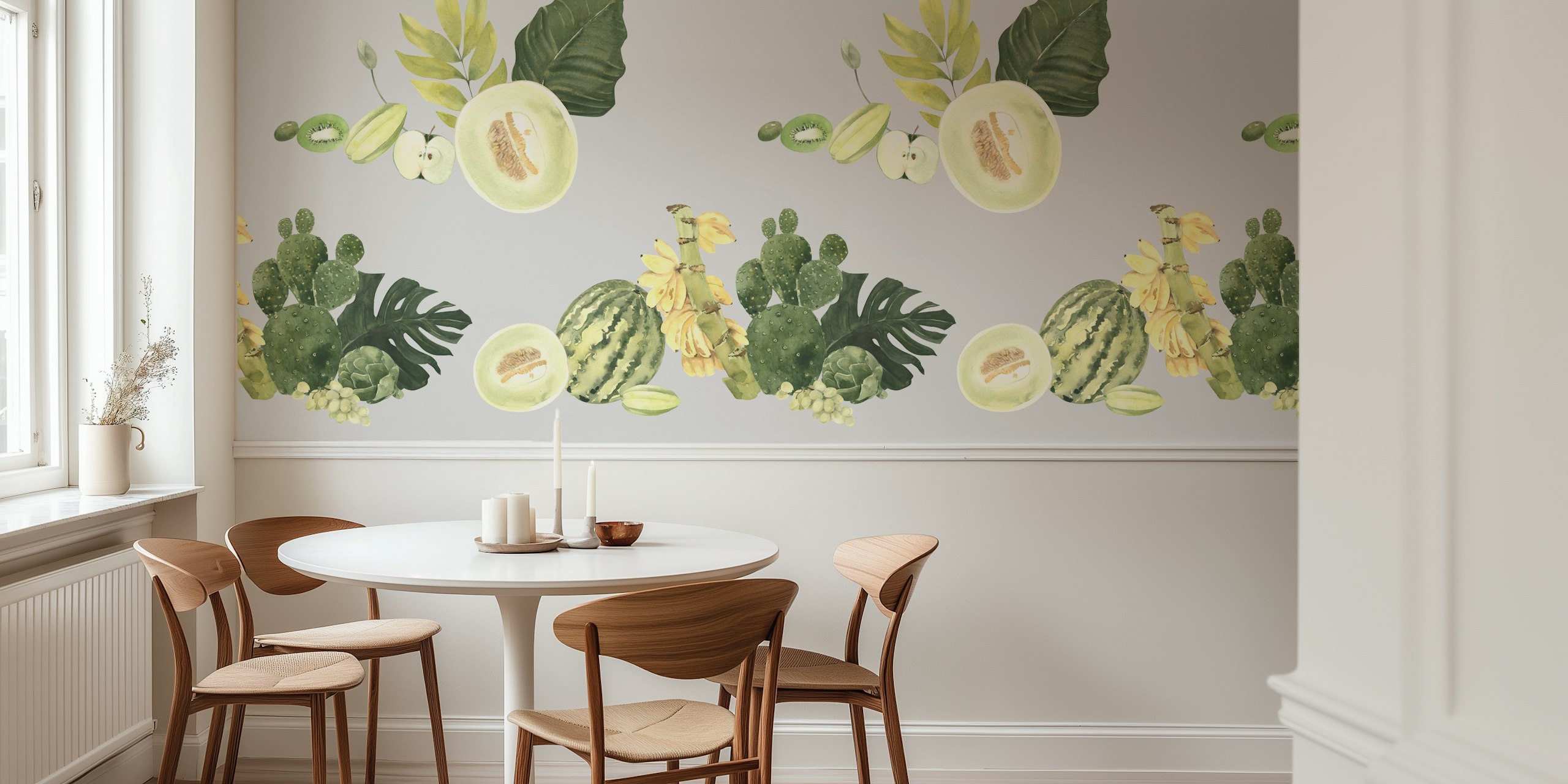 Lush tropical harvest pattern wallpaper in a room