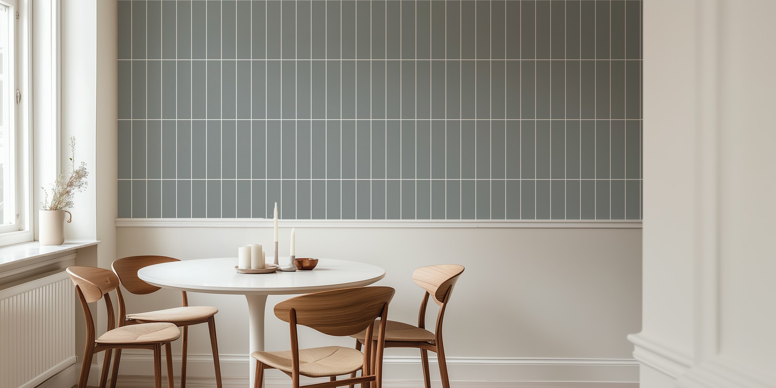 Papel de parede Vertical Grid Pattern cinza e branco em um quarto