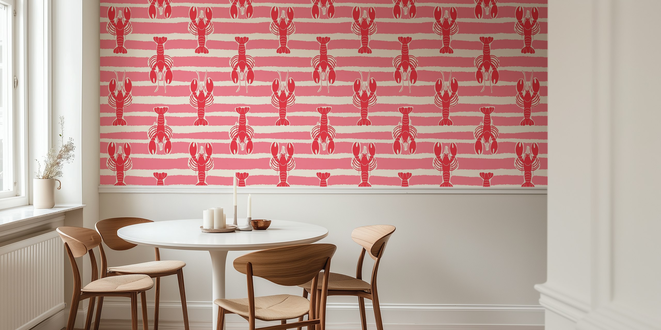 Lobster Stripe Beach House Fun - Pink & Red tapet i en rumsmiljö