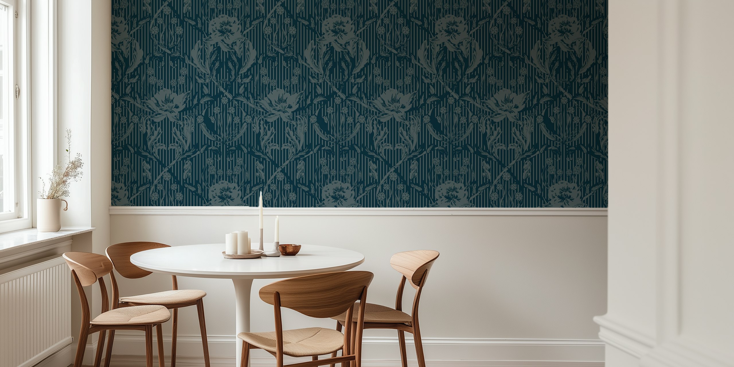 Floral motifs and stripes in blue tones wallpaper