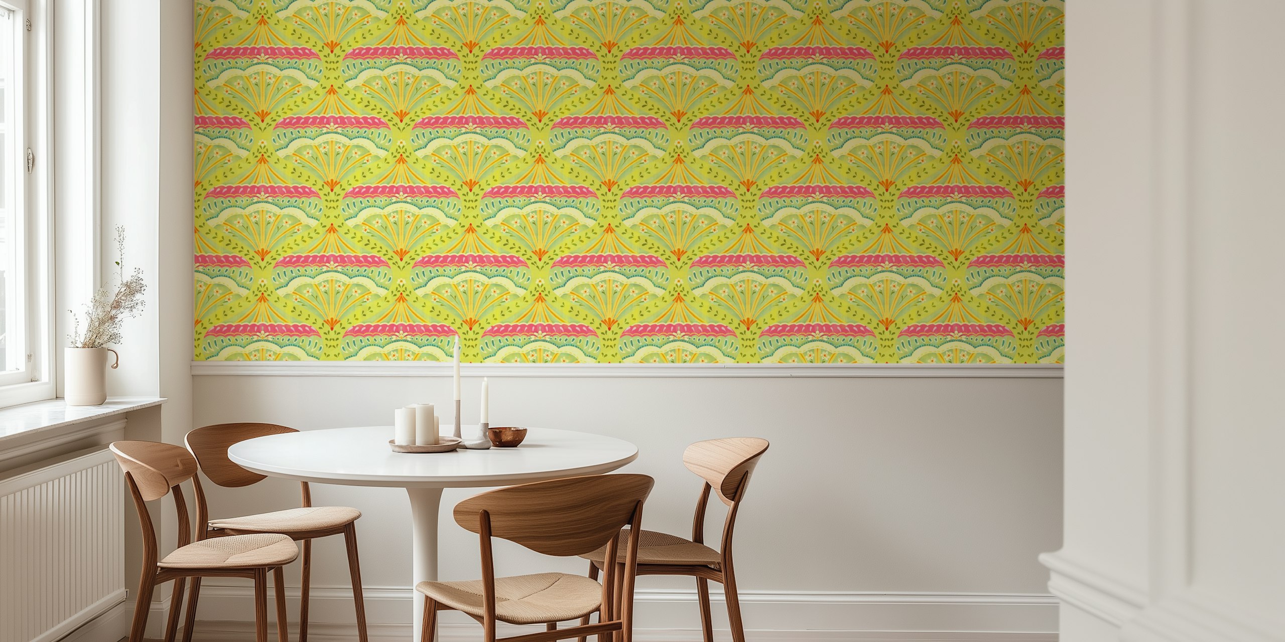 Vintage floral pattern in green with pink and blue tones wallpaper