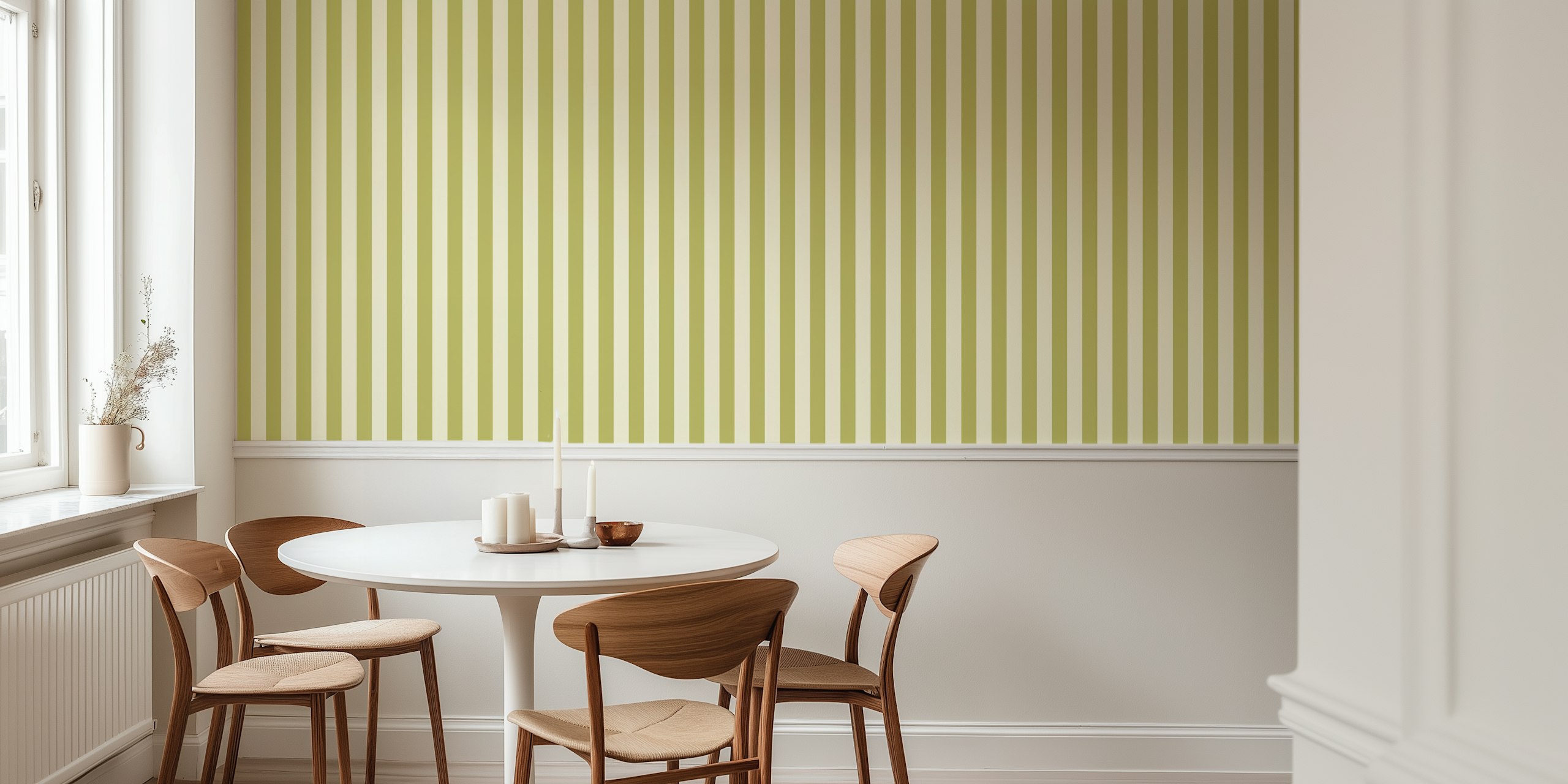 Olive green striped wallpaper with soft beige background