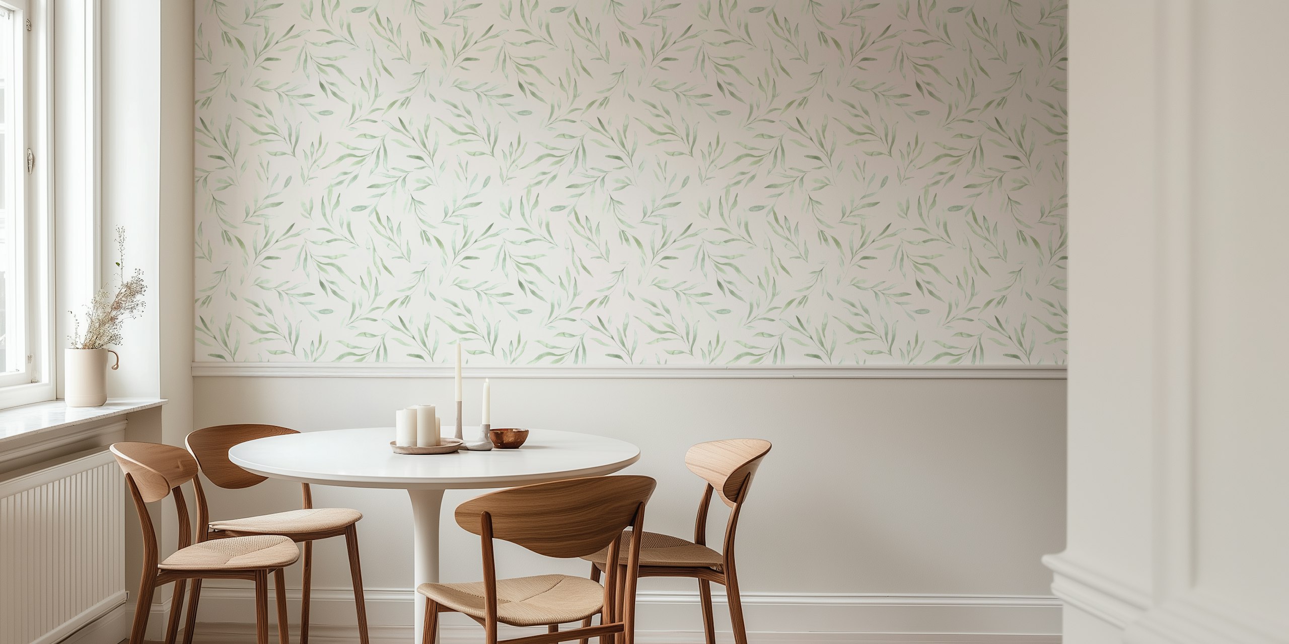 Delicate green leaves on a light background watercolor wallpaper