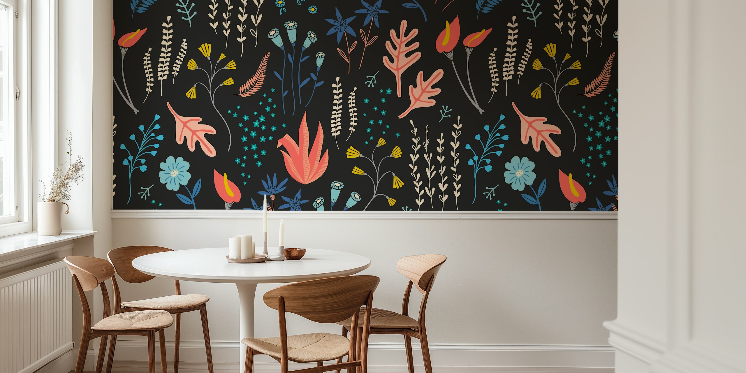 Colorful floral patterns on a black background wallpaper