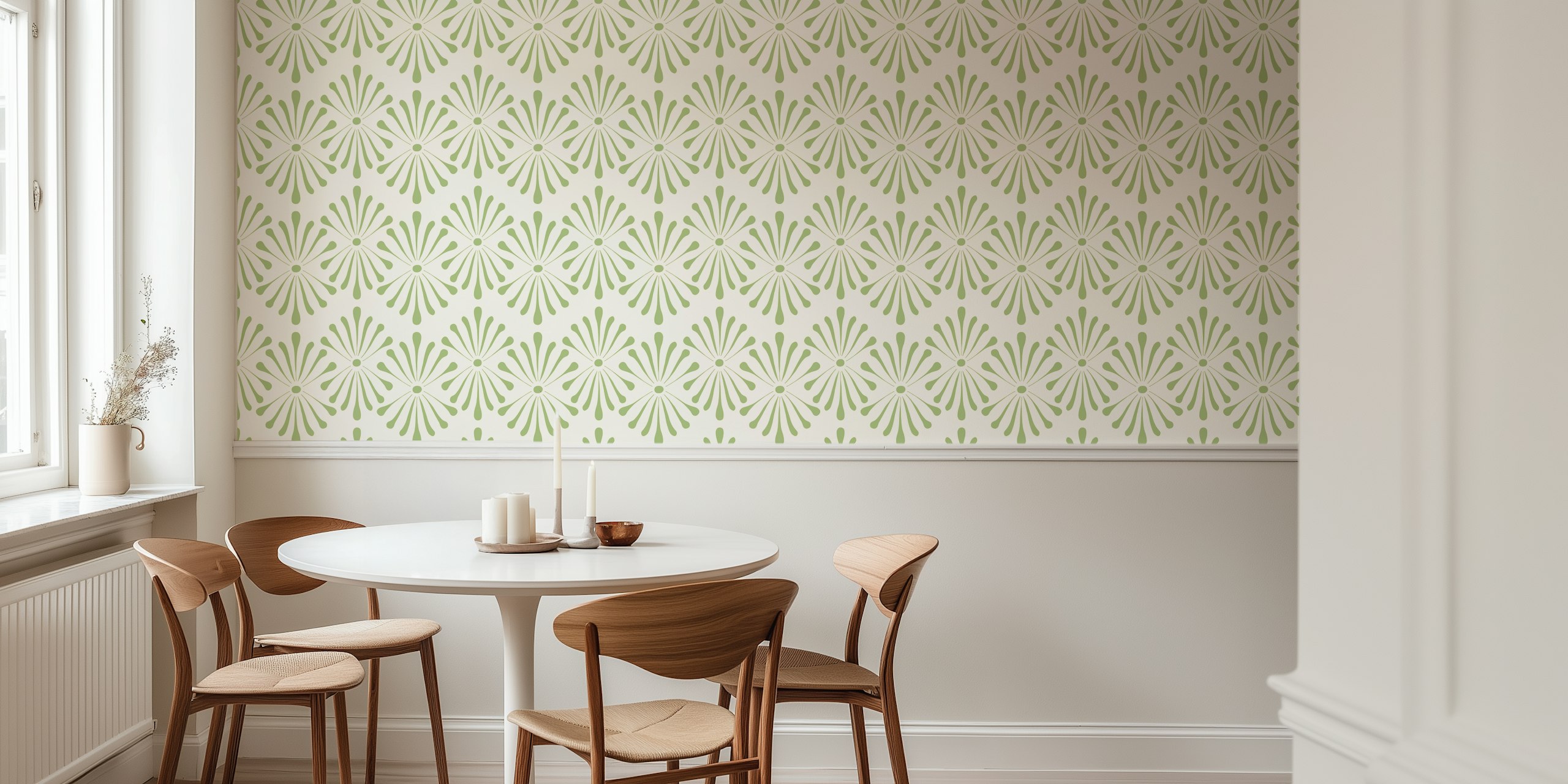 Abstract Floral Beige Green wallpaper in a room