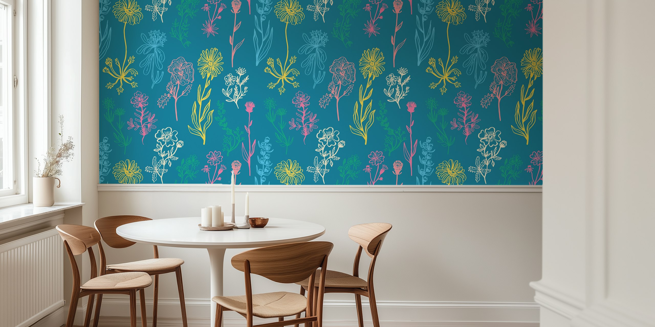 Botanical Alp Wildflowers wallpaper design in a room