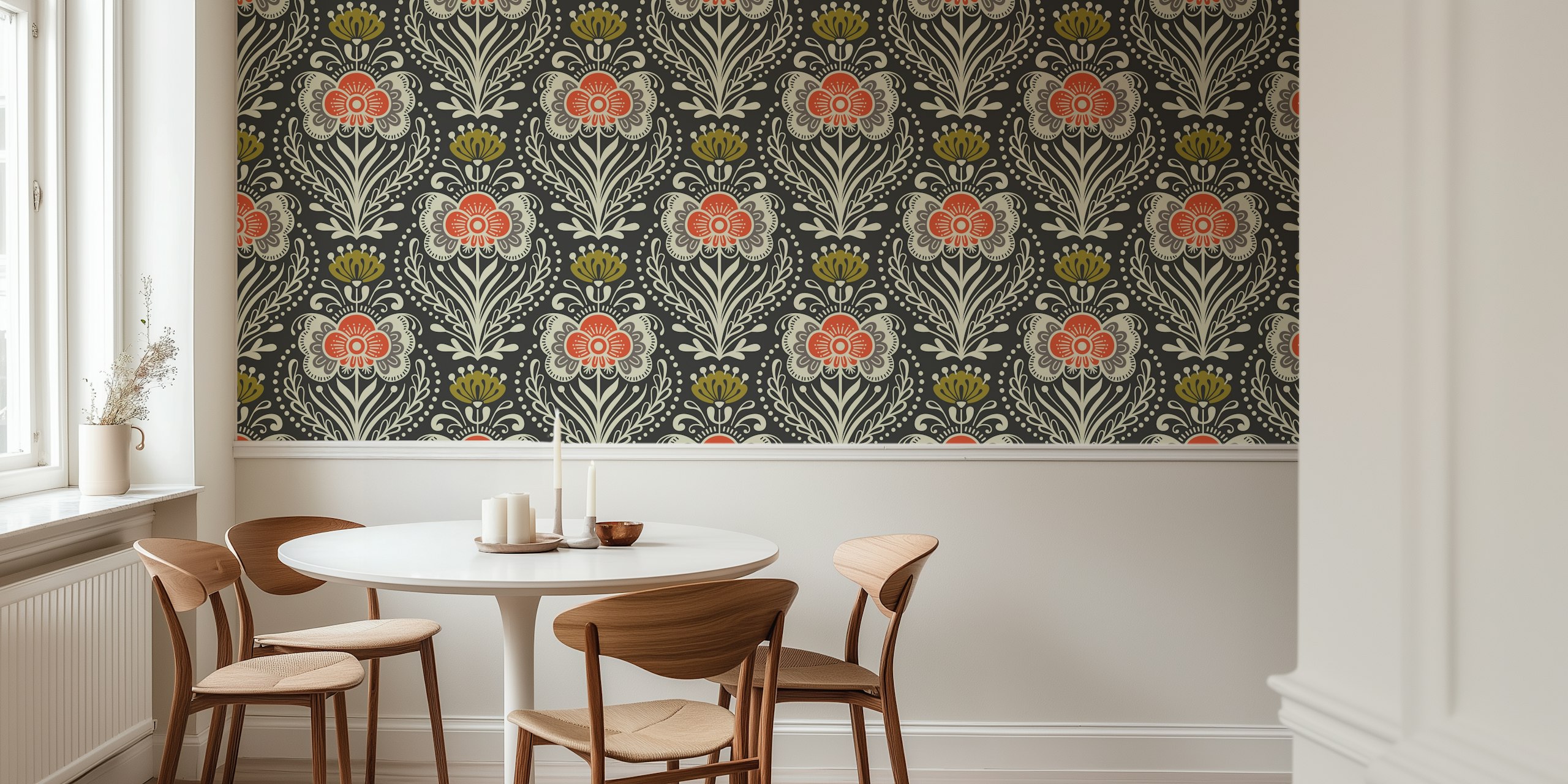 Black floral pattern with cream and red flowers wallpaper