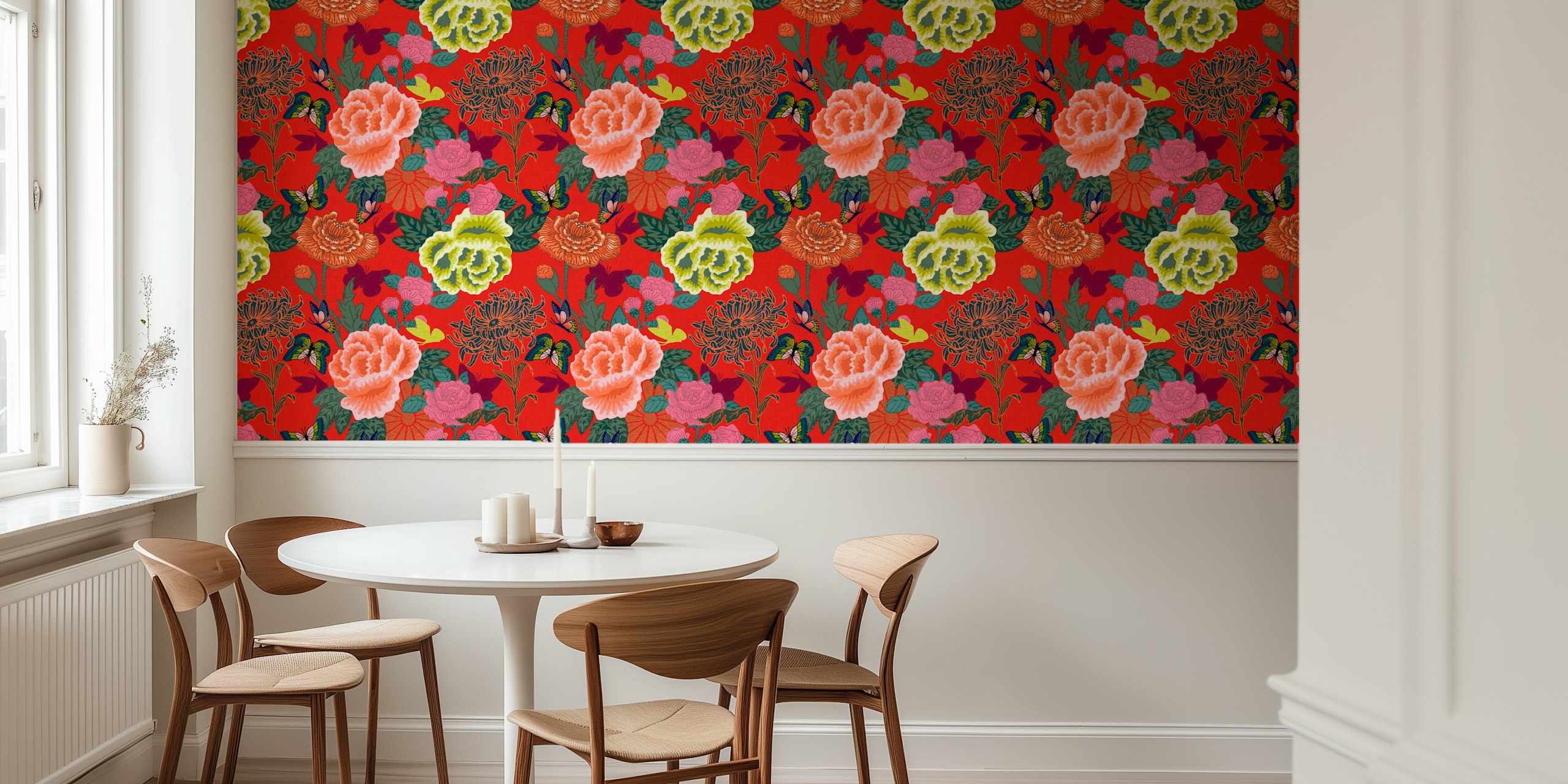 Röd Floral Chinoiserie wallpaper med fjärilar