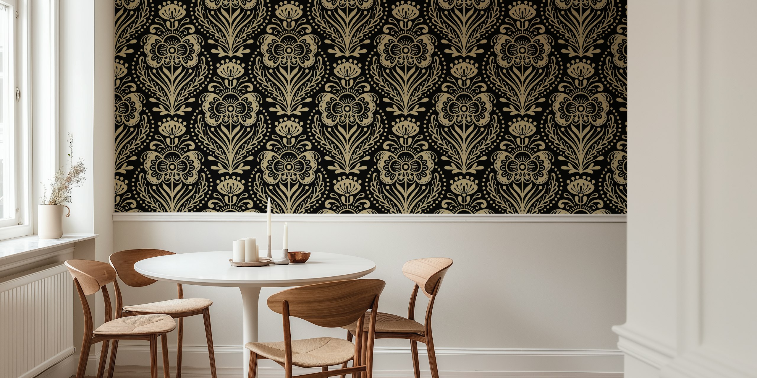 Elegant floral wallpaper in black and gold