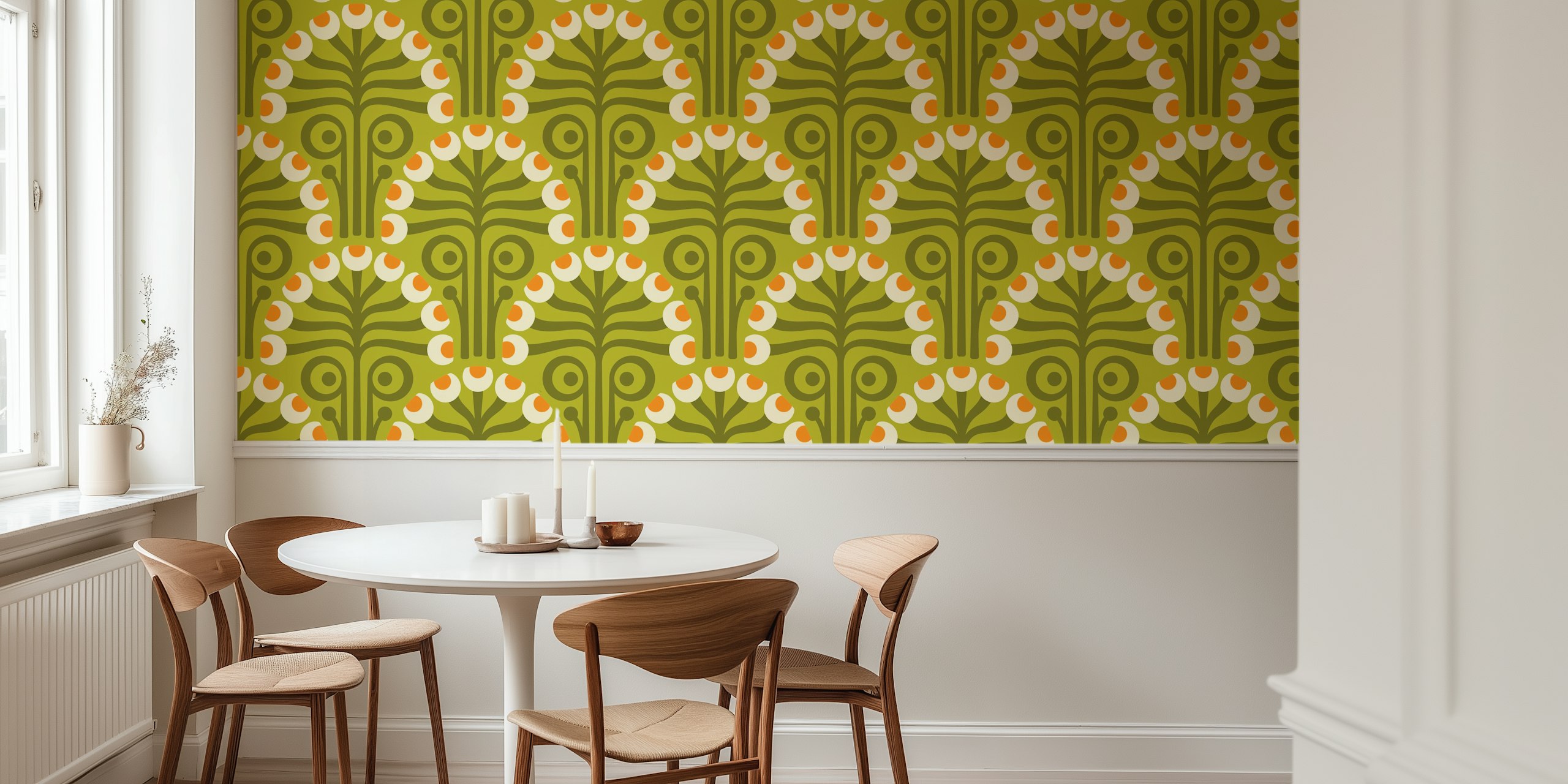Floral design with green background and orange accents wallpaper