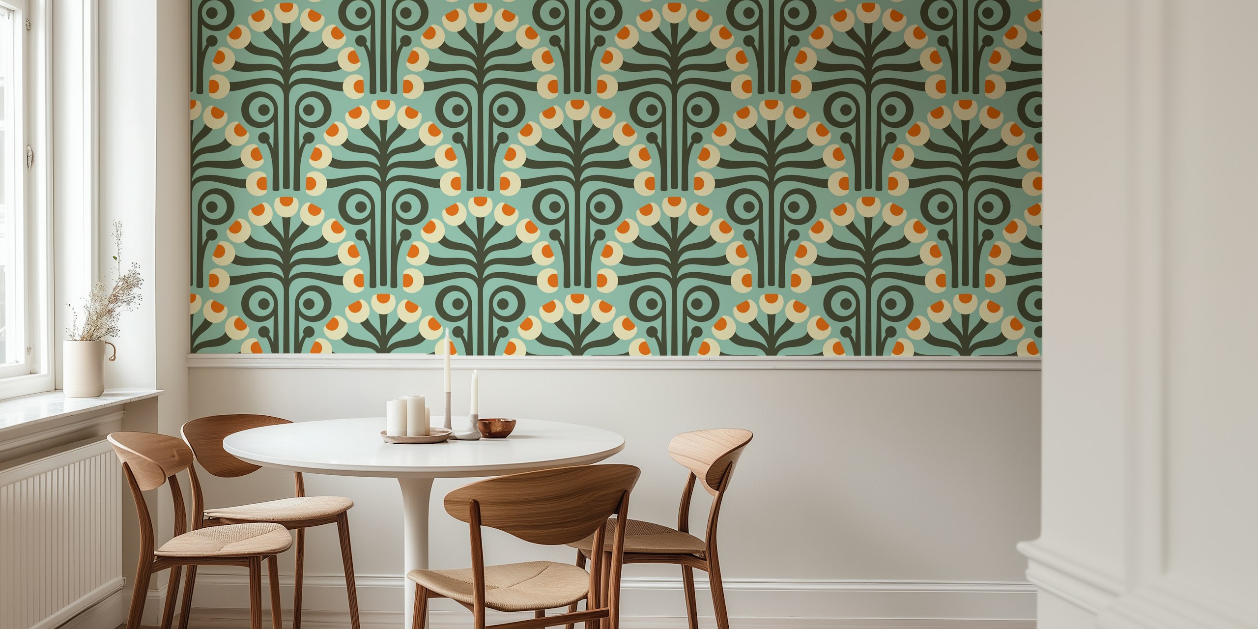 Turquoise vintage floral wallpaper with orange and cream patterns