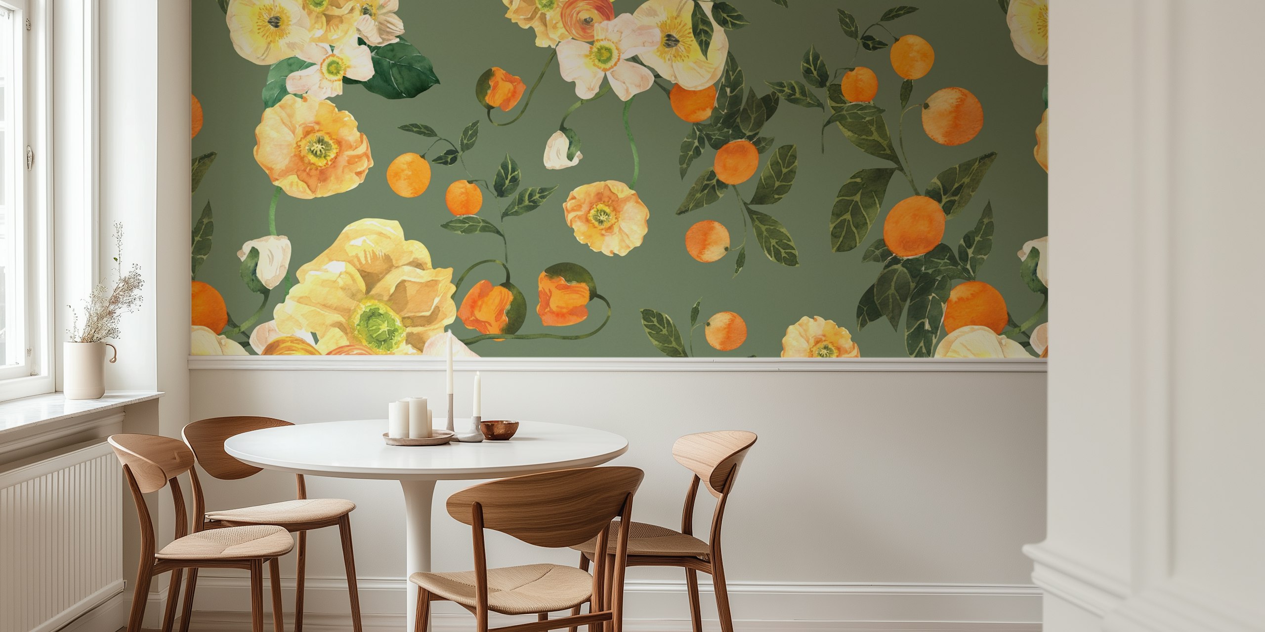 Lush Blooms and Oranges wallpaper in a room