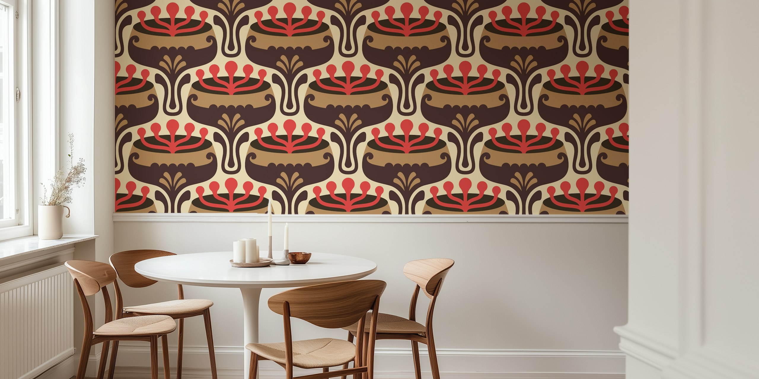 Retro floral design with brown and red colors wallpaper