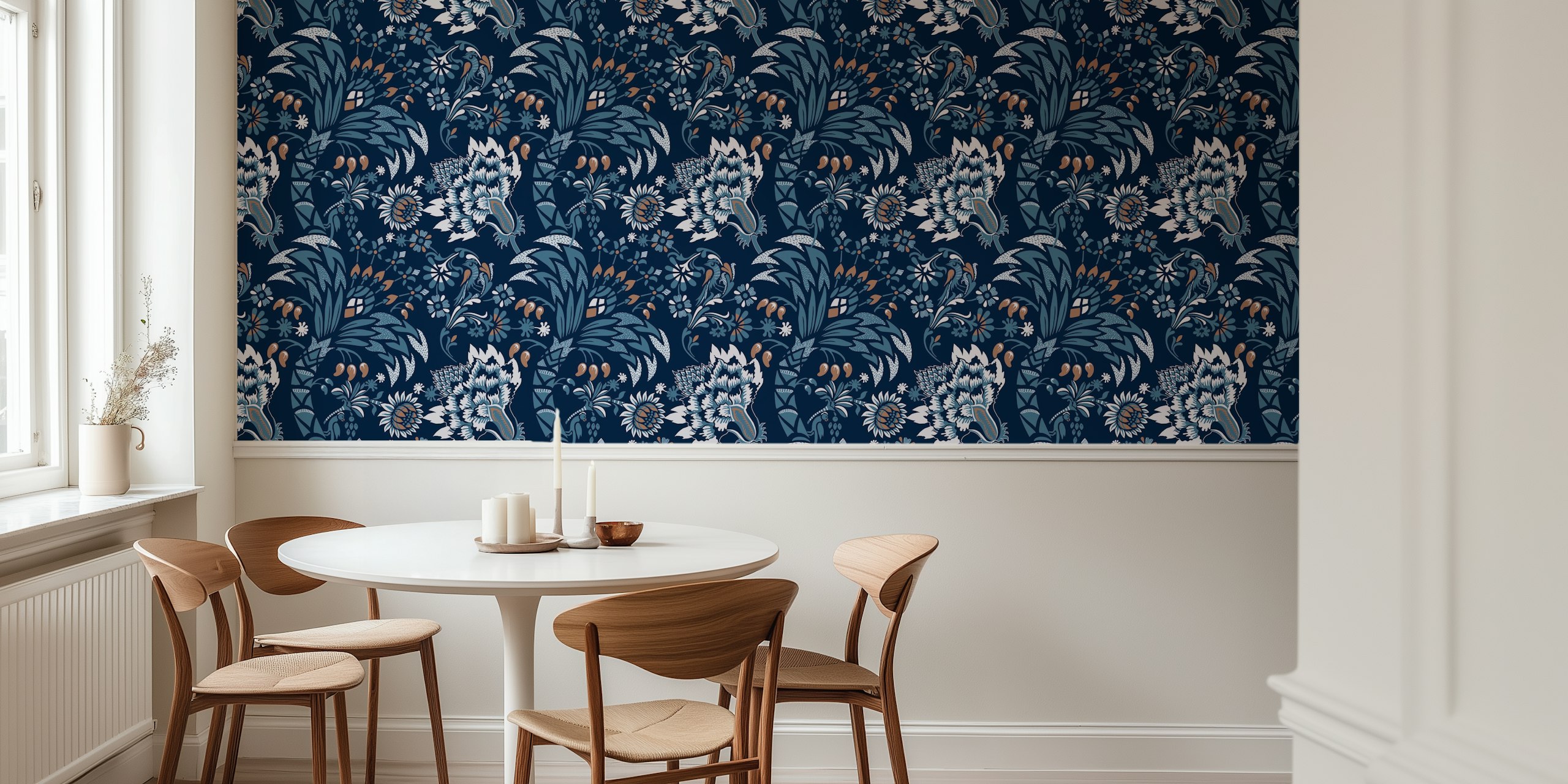 Floral patterns with blue, mocha, and white colors wallpaper