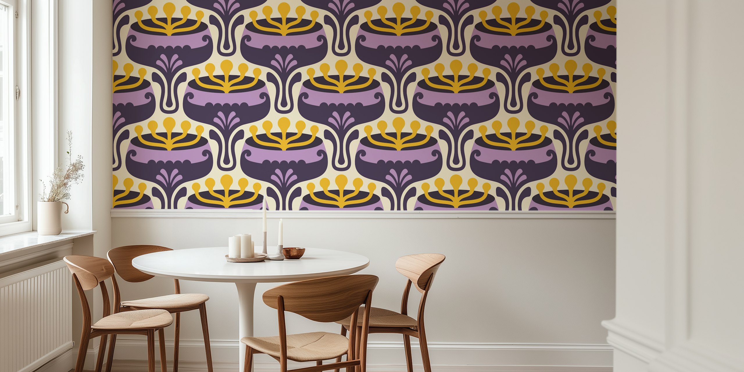 Retro floral purple wallpaper featuring yellow accents and stylized patterns