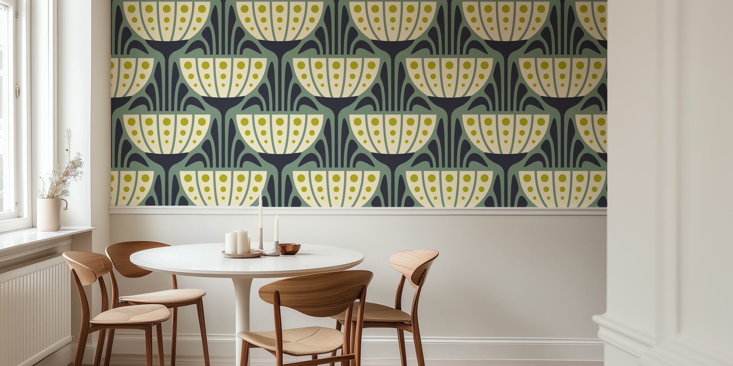Mid-Century Blossoms in Green Tapete in einem Zimmer