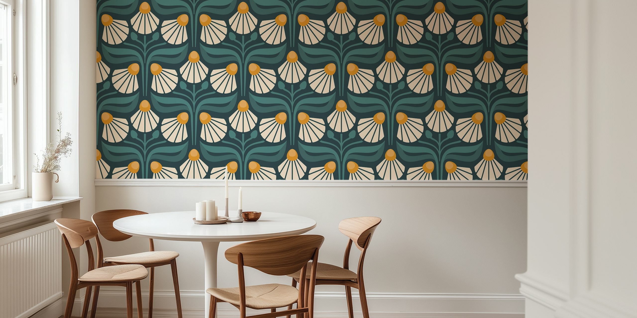 Vintage floral design with green leaves and cream blossoms wallpaper